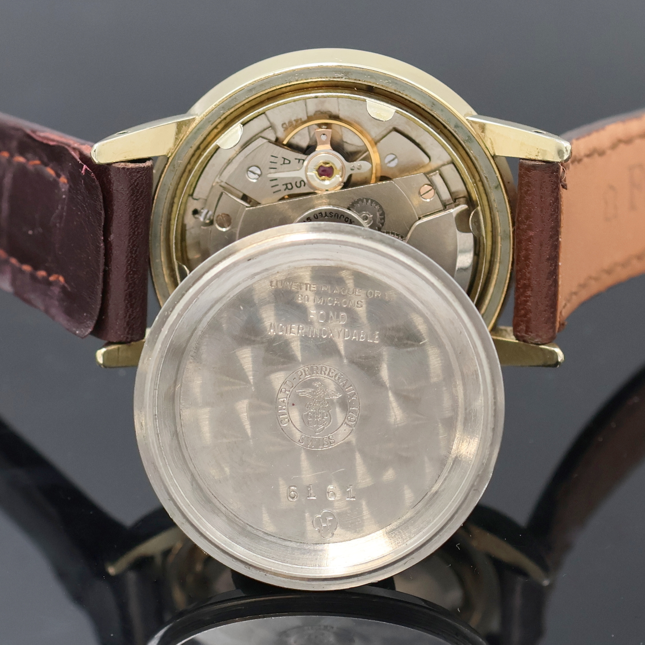 Detail g: GIRARD PERREGAUX Herrenarmbanduhr Gyromatic Referenz 6161, Schweiz 1950er Jahre, Automatik, verg. Metallgeh., Edelstahlboden verschr., silb. ...