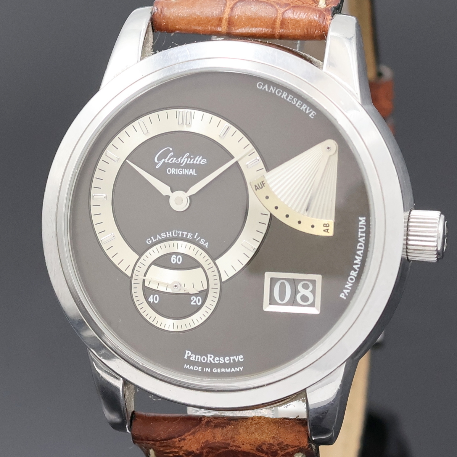 Detail a: GLASHÜTTE PanoReserve Herrenarmbanduhr Referenz 650020204, Deutschland verk. lt. Pap. 02/2006, Handaufzug, Edelstahlgeh. inkl. Lederband m. ...