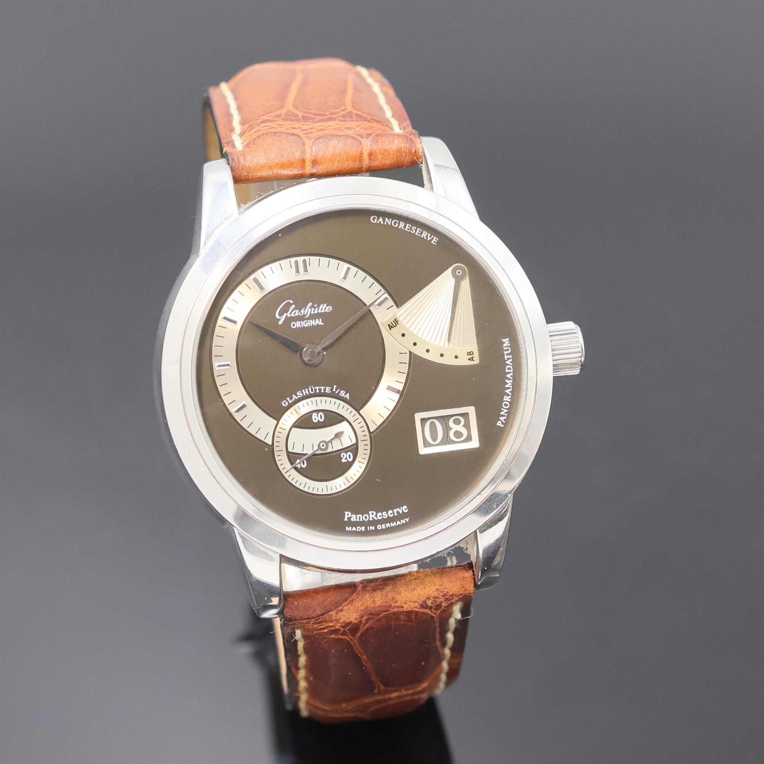 Detail b: GLASHÜTTE PanoReserve Herrenarmbanduhr Referenz 650020204, Deutschland verk. lt. Pap. 02/2006, Handaufzug, Edelstahlgeh. inkl. Lederband m. ...