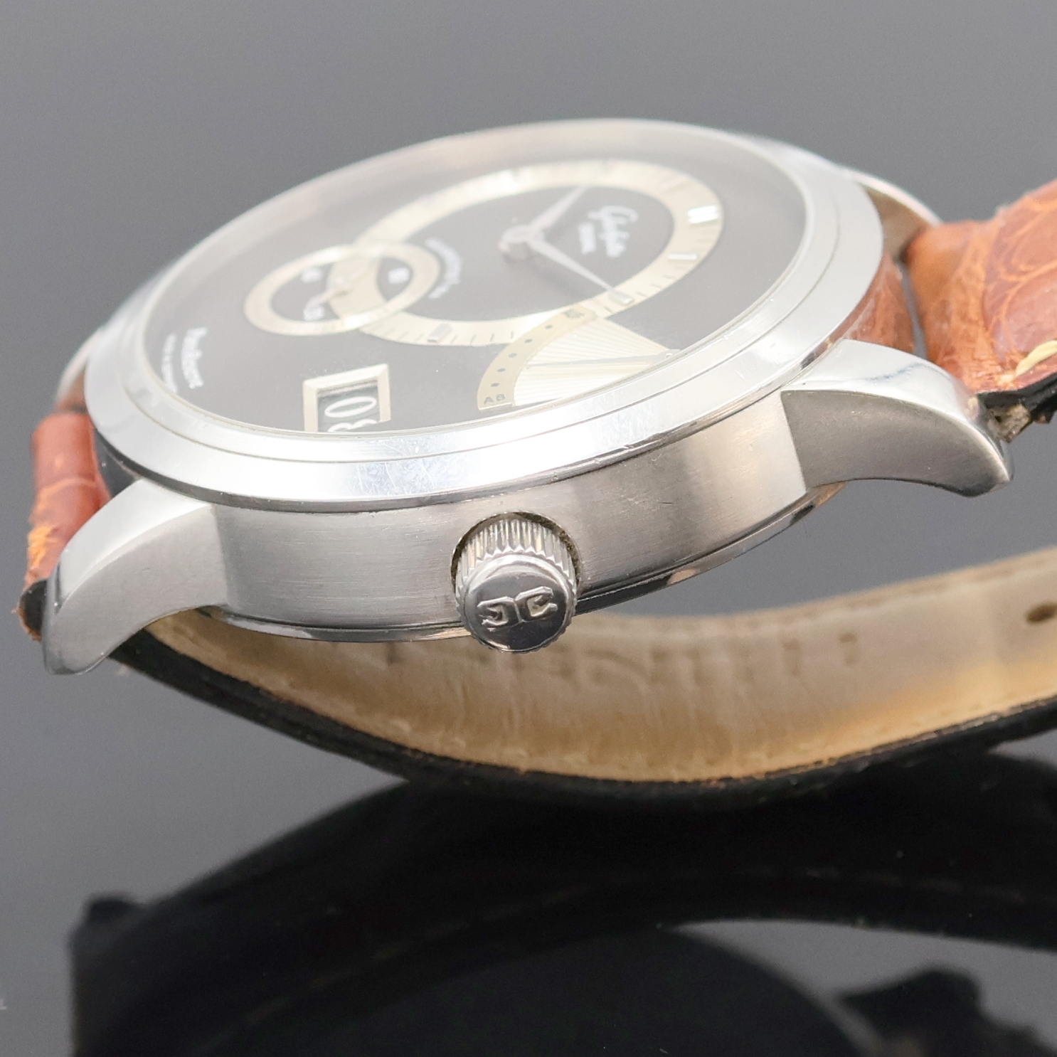Detail d: GLASHÜTTE PanoReserve Herrenarmbanduhr Referenz 650020204, Deutschland verk. lt. Pap. 02/2006, Handaufzug, Edelstahlgeh. inkl. Lederband m. ...
