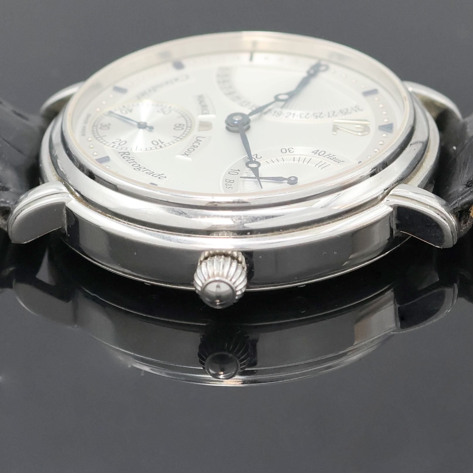 Detail d: MAURICE LACROIX Masterpiece Retrograde, Schweiz verk. lt. Pap. 02/2004, Handaufzug, Edelstahlgeh., beids. vergl., Boden 8-fach verschr., orig. ...