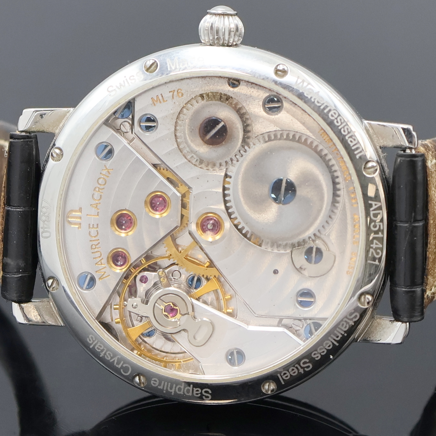 Detail e: MAURICE LACROIX Masterpiece Retrograde, Schweiz verk. lt. Pap. 02/2004, Handaufzug, Edelstahlgeh., beids. vergl., Boden 8-fach verschr., orig. ...