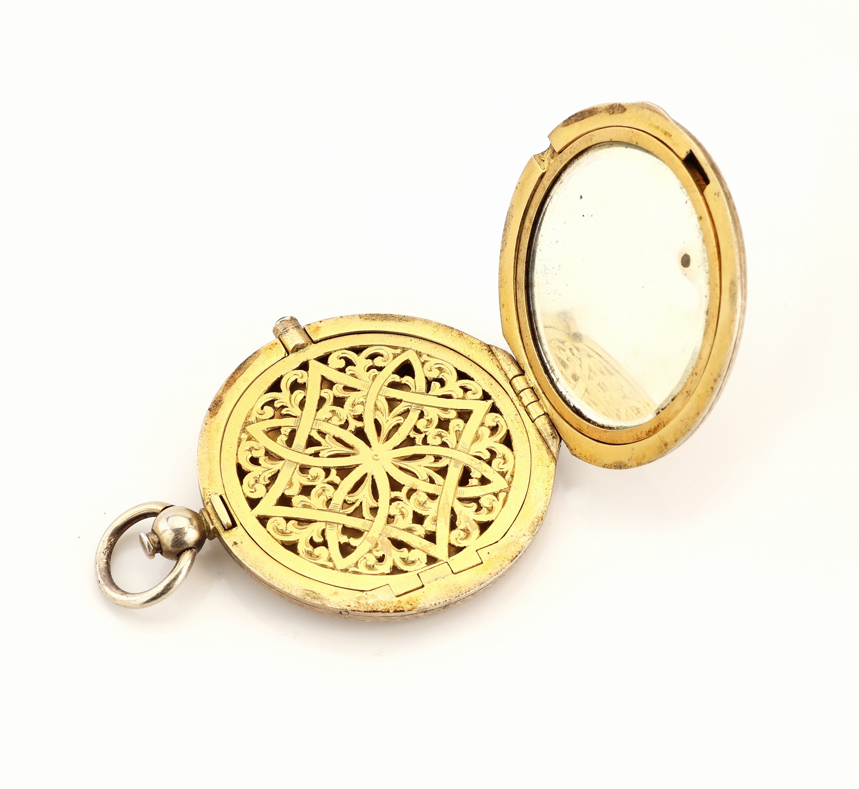 Detail a: Vinaigrette, um 1900-10, 800er Silber, ausgefallen, in der Form einer Taschenuhr, außen Hammerschlagverzierung, innen verg., innen 1 Seite Spiegel, ...