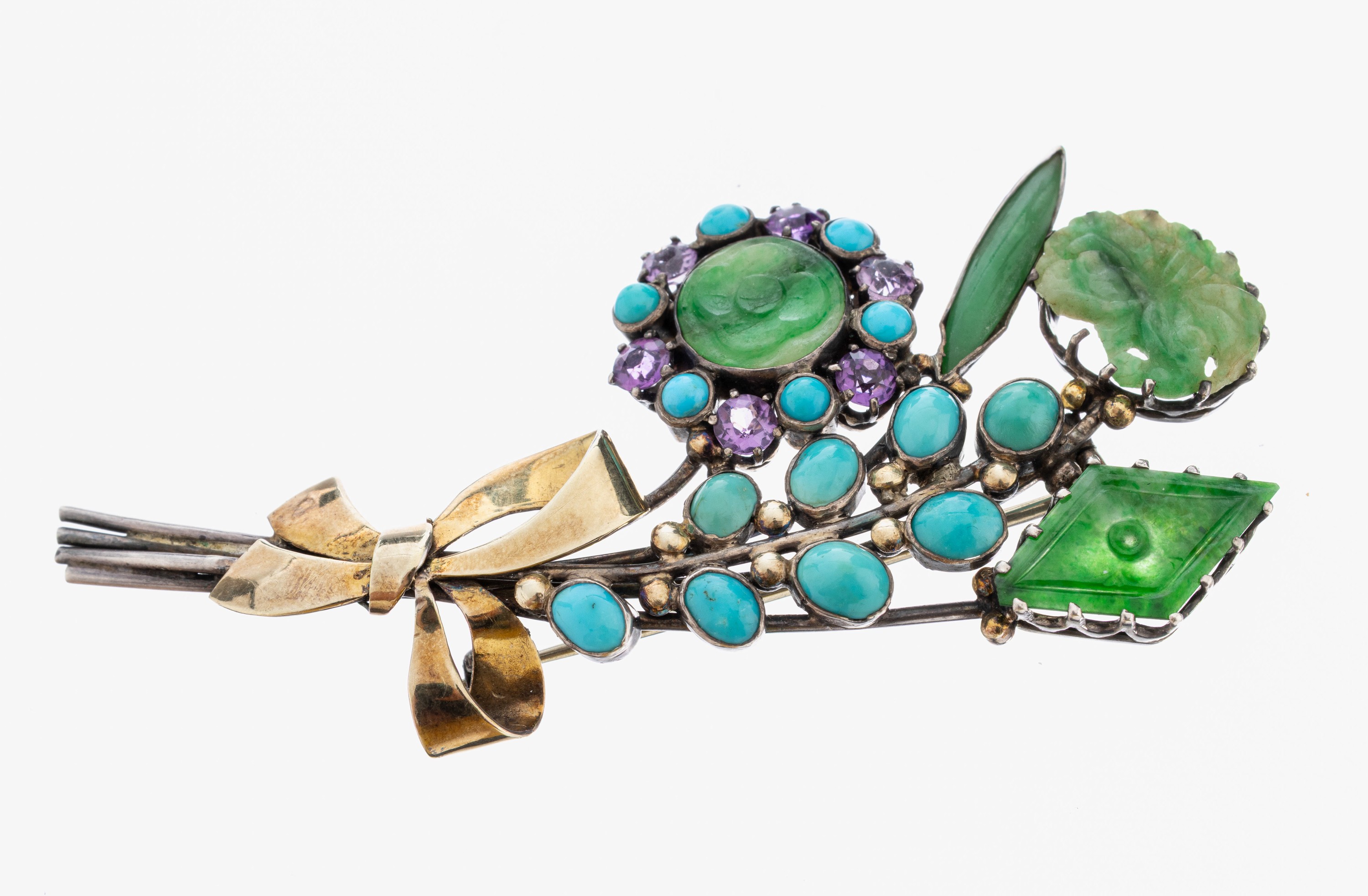 Image 27022579 - Türkis-Jade-Amethyst-Brosche, Silber gepr.,part. verg., Darstellung eines ...