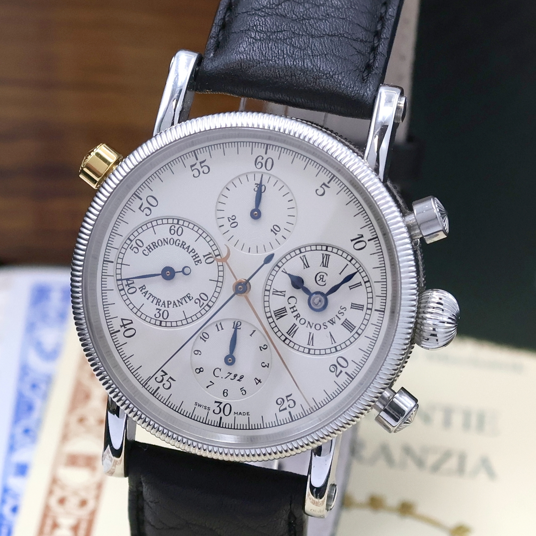 Detail a: CHRONOSWISS Herrenchronograph mit Rattrapante Referenz CH7323, Schweiz um 1993, Automatik, Edelstahlgeh. inkl. neutr. Lederband m. Dornschl., beids. ...