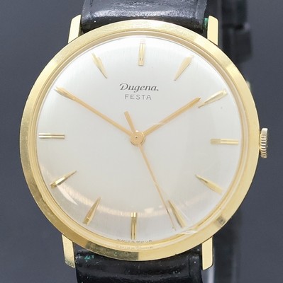 27022535a - DUGENA Festa Herrenarmbanduhr in GG 750/000, Schweiz um 1965, Handaufzug, Glasrand ...