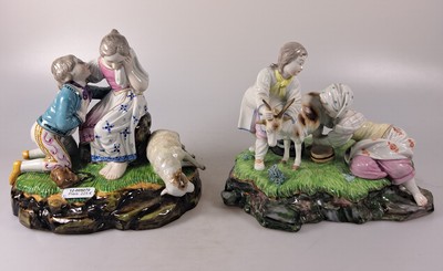 27022536a - 2 Porzellangruppen nach Höchster Vorbild, 19./20.Jh., Porzellan, farbig staffiert, ...