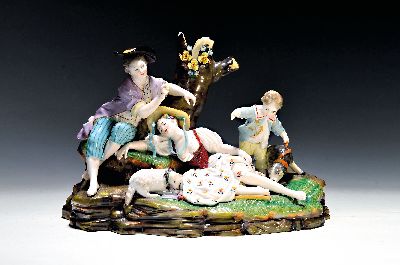 Image Figurengruppe schlafende Schäferin, Damm, Aschaffenburg, Anfang 20.Jh., Porzellan, ...