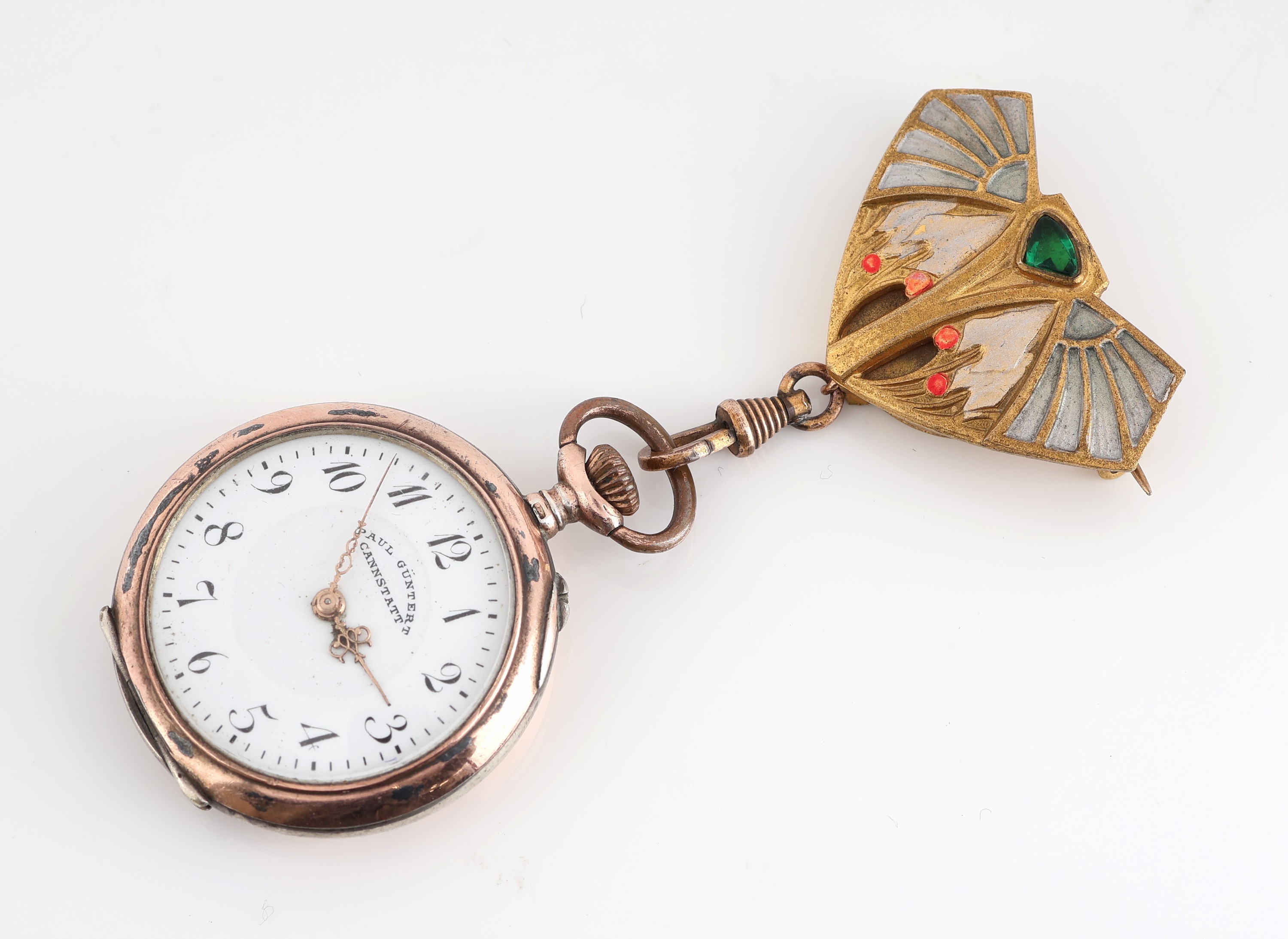 Detail b: Jugendstil Brosche mit Taschenuhr, um 1905-10, Metall verg., Brosche mit stil. Schmetterling, Taschenuhr, Silber, mechanischeZugkette zur ...