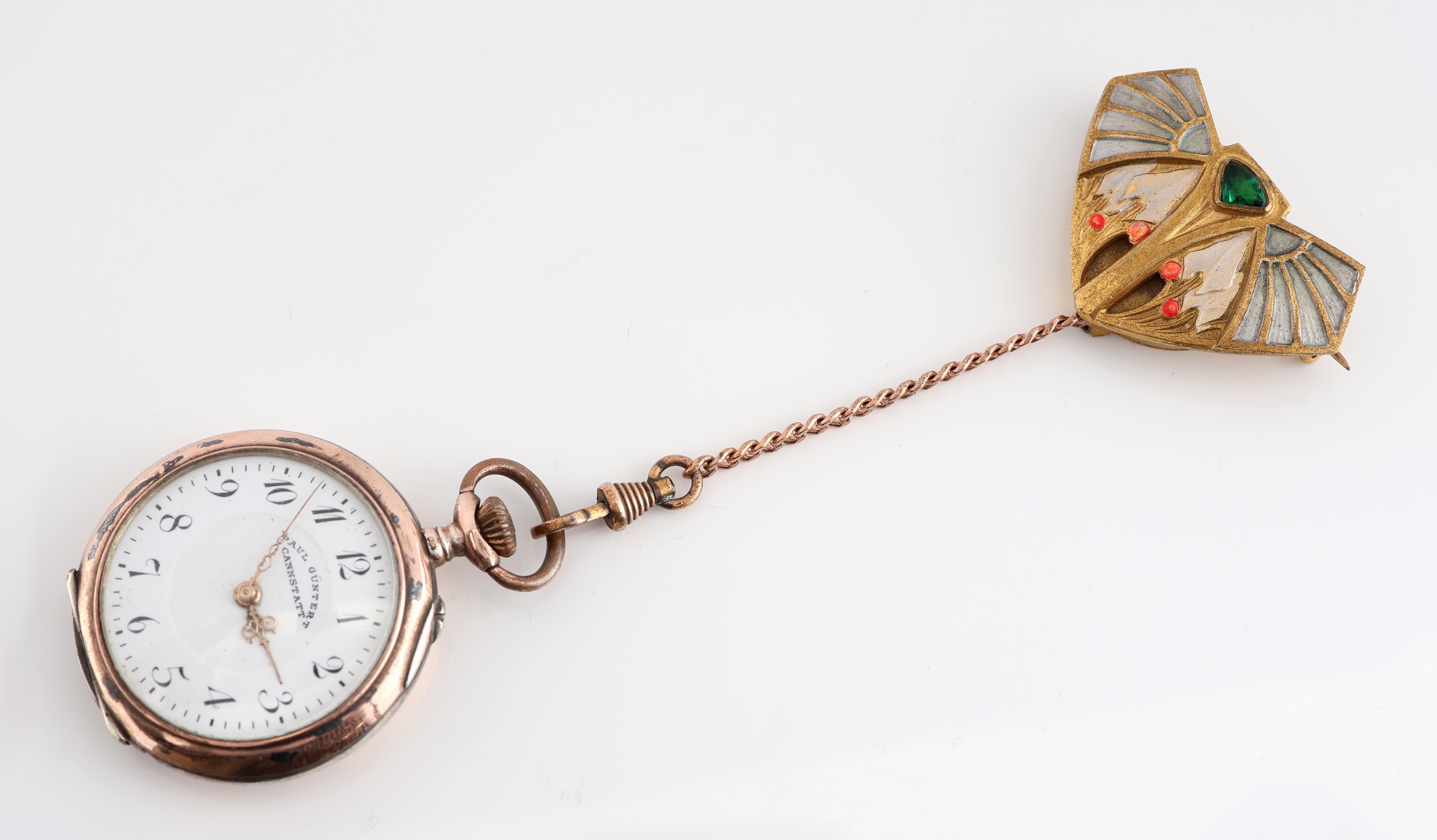 Detail c: Jugendstil Brosche mit Taschenuhr, um 1905-10, Metall verg., Brosche mit stil. Schmetterling, Taschenuhr, Silber, mechanischeZugkette zur ...