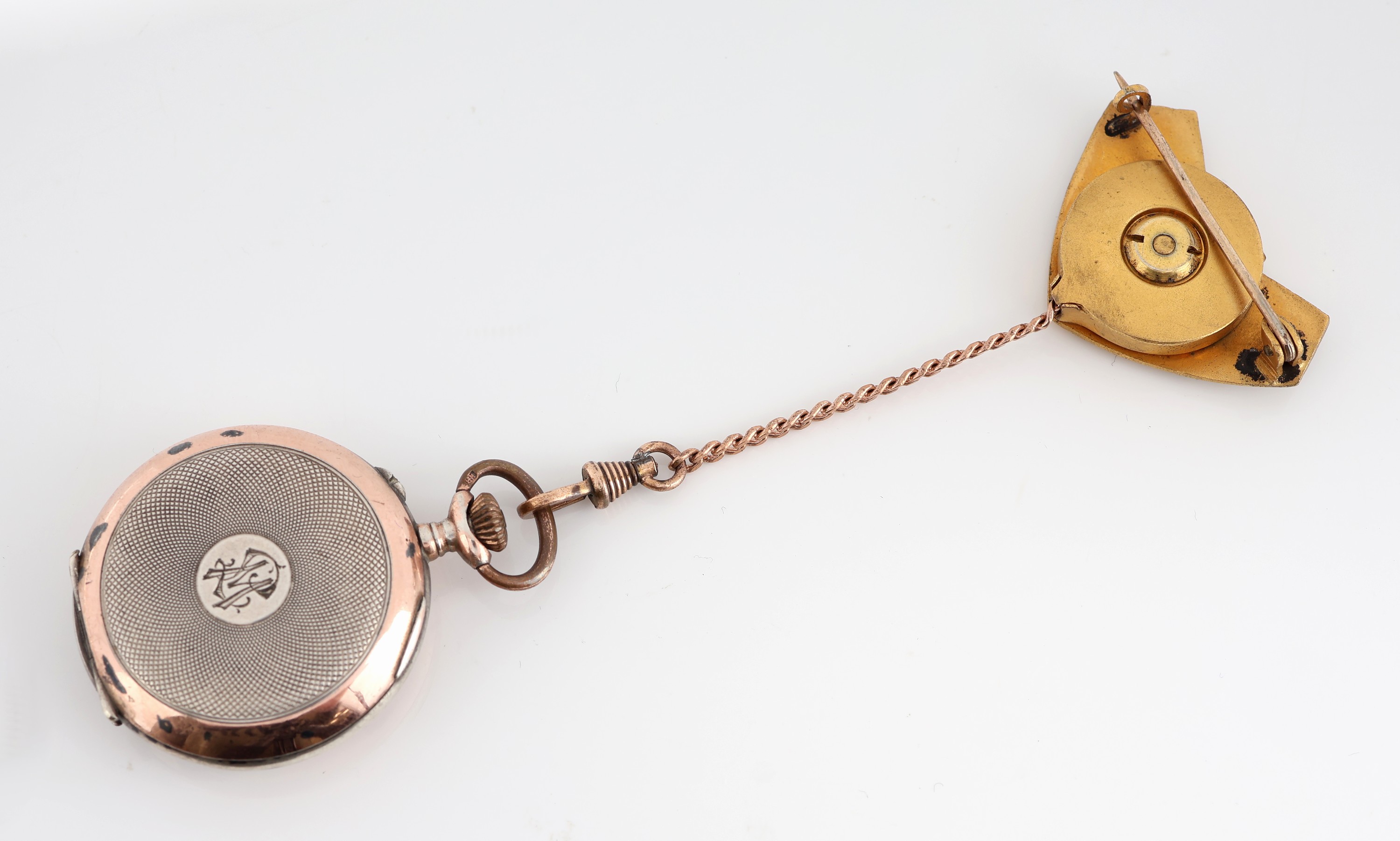 Detail d: Jugendstil Brosche mit Taschenuhr, um 1905-10, Metall verg., Brosche mit stil. Schmetterling, Taschenuhr, Silber, mechanischeZugkette zur ...