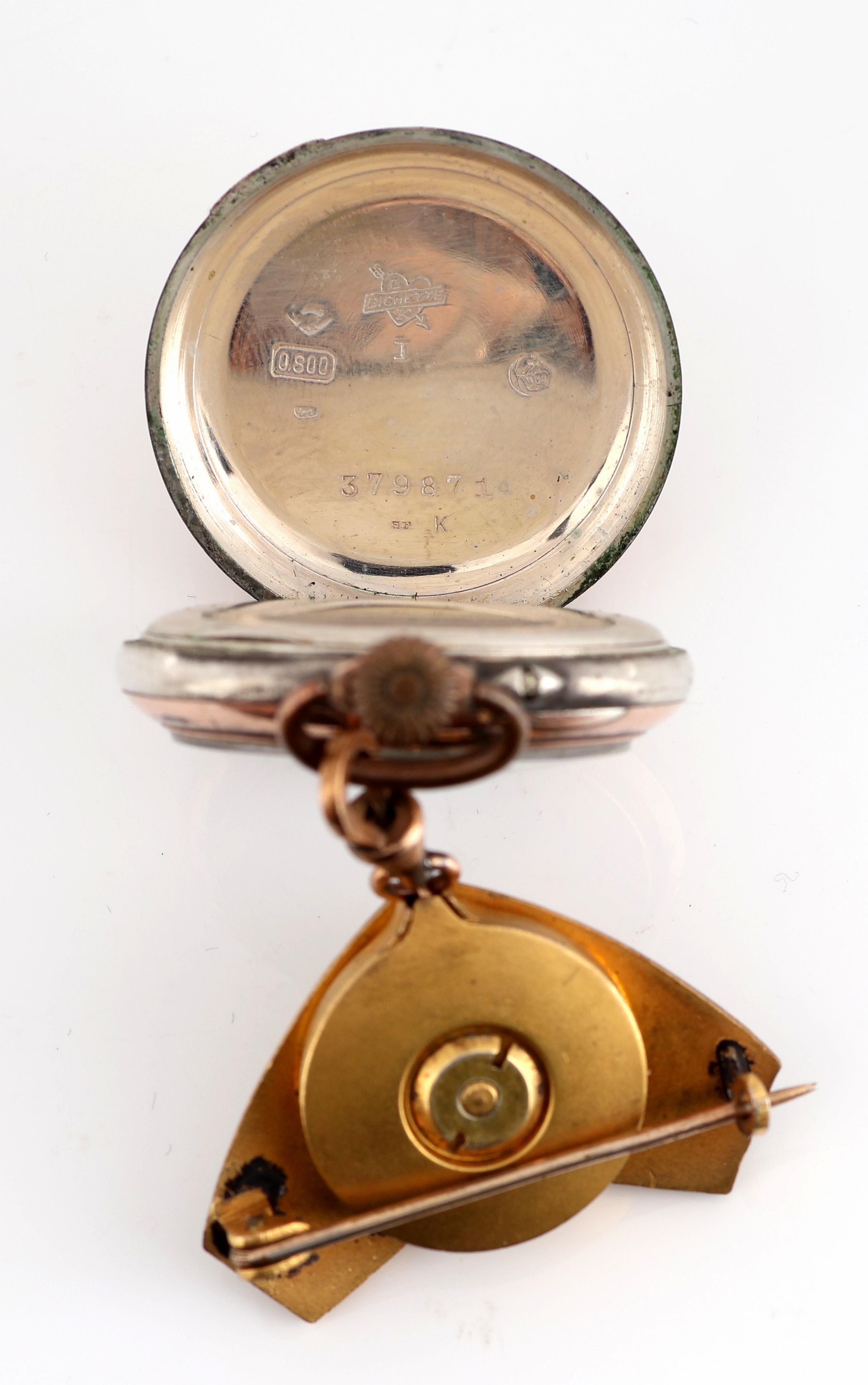 Detail e: Jugendstil Brosche mit Taschenuhr, um 1905-10, Metall verg., Brosche mit stil. Schmetterling, Taschenuhr, Silber, mechanischeZugkette zur ...