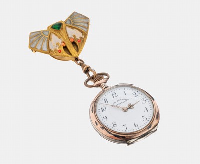 Image Jugendstil Brosche mit Taschenuhr, um 1905-10, Metall verg., Brosche mit stil. ...