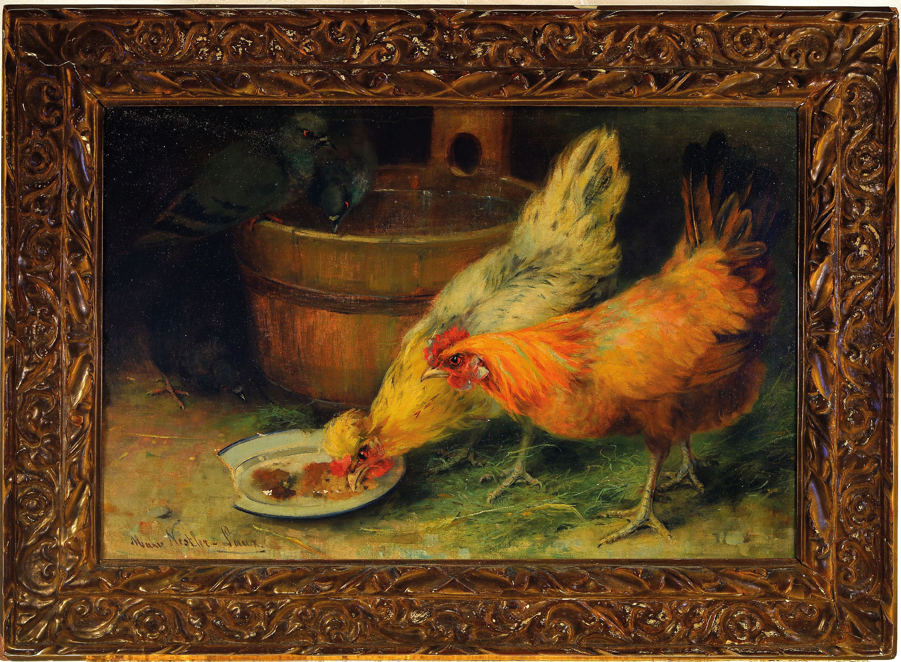 Detail k: Marie Nestler-Laux, geb. 1852 Wiesbaden, zwei Hühner im Stall, Öl/Lwd, links unten sign., mit kleineren Farbfehlstellen, ca. 46x70cm, R. ca. 66x89cm
