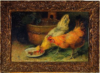 27022725k - Marie Nestler-Laux, geb. 1852 Wiesbaden, zwei Hühner im Stall, Öl/Lwd, links unten ...