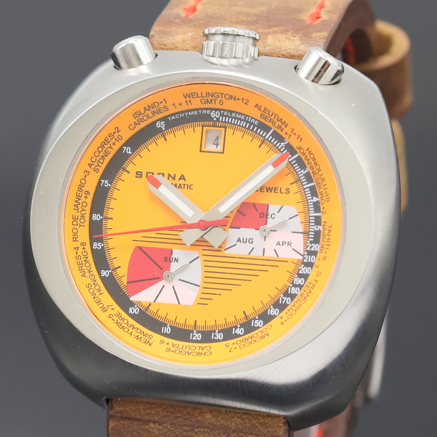Detail a: SORNA Herrenarmbanduhr in Stahl, Schweiz um 2020, Automatik, Edelstahlgeh., Boden verschr., Drücker f. Monat u. Tag, Innenlünette m. ...