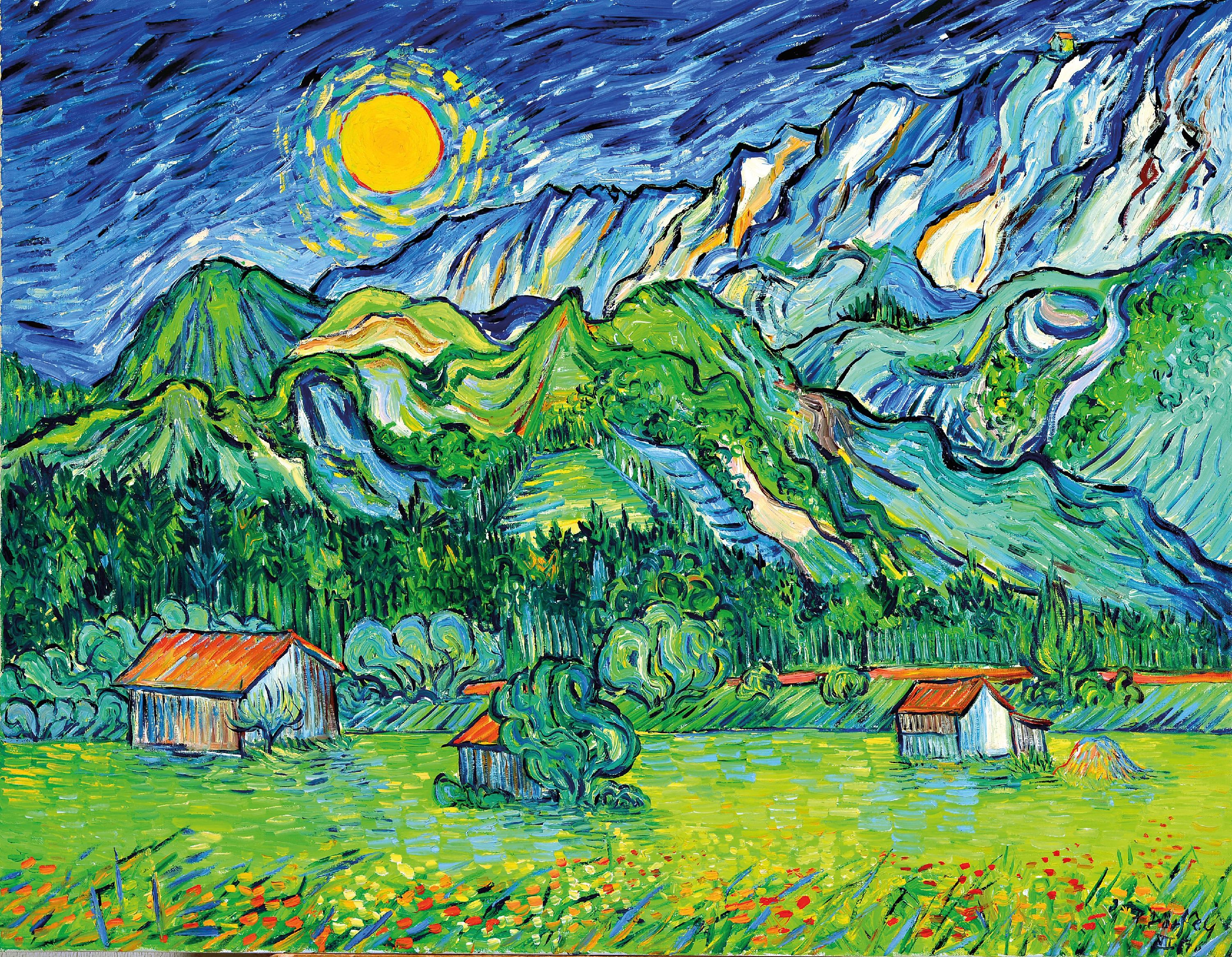 Detail k: Peter Dörffel, Heidelberger Künstler des 20.Jh., Voralpenlandschaft mit typischen Holzschuppen, im Duktus Vincent van Goghs, rechts unten signiert ...
