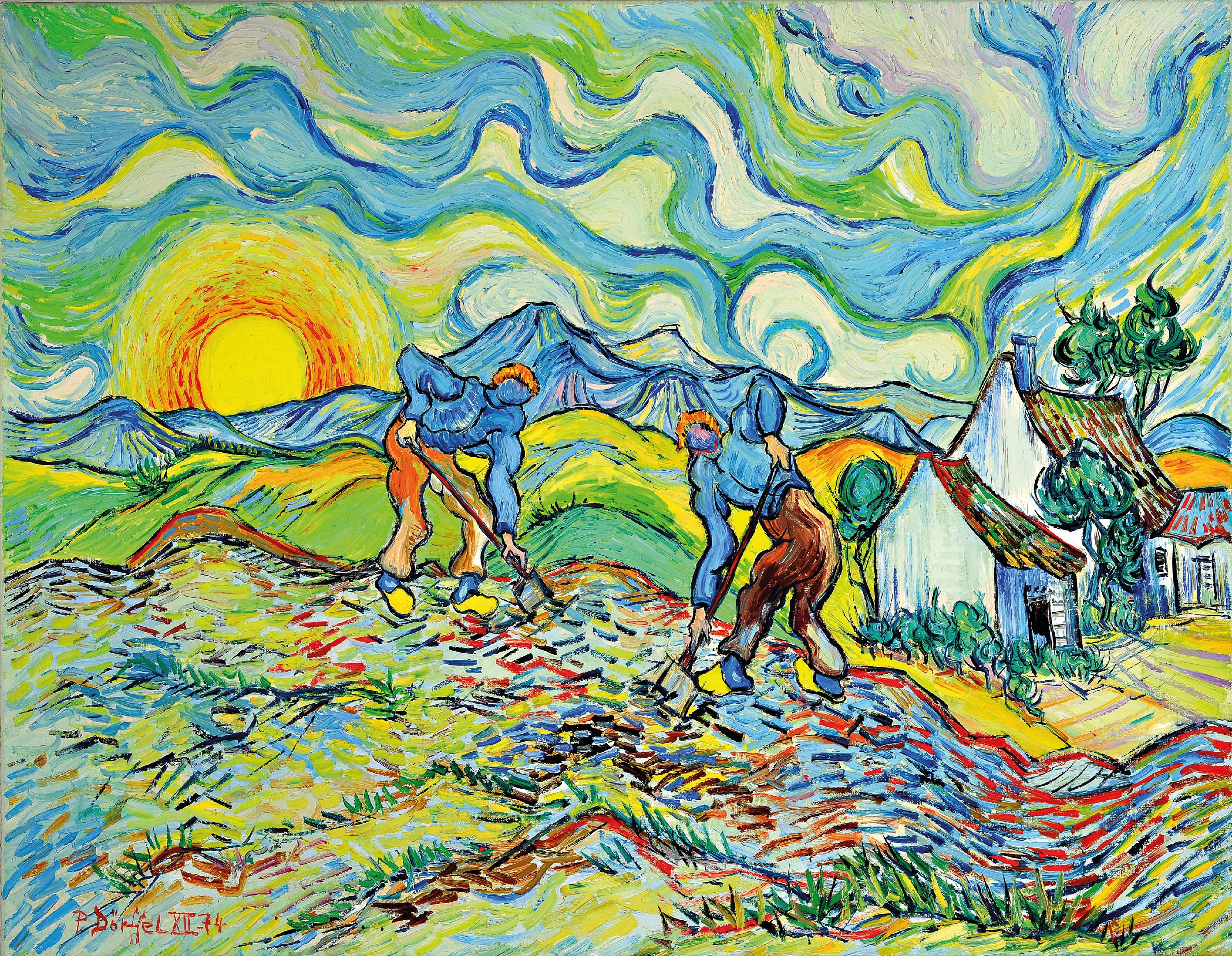 Detail k: Peter Dörffel, Heidelberger Künstler des 20.Jh., zwei Bauern beim wenden des Feldes, in Anlehnung an Vincent van Goghs "Deux Paysannes" ...