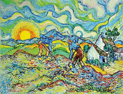 Image Peter Dörffel, Heidelberg artist of the 20th century, two farmers turning the field, ...