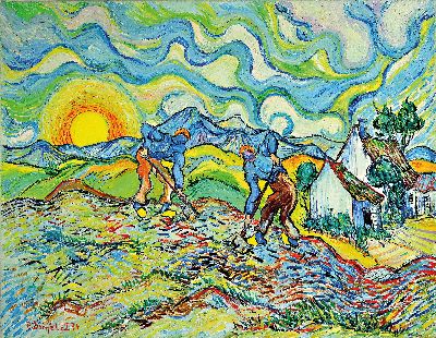 27022869k - Peter Dörffel, Heidelberger Künstler des 20.Jh., zwei Bauern beim wenden des Feldes, ...