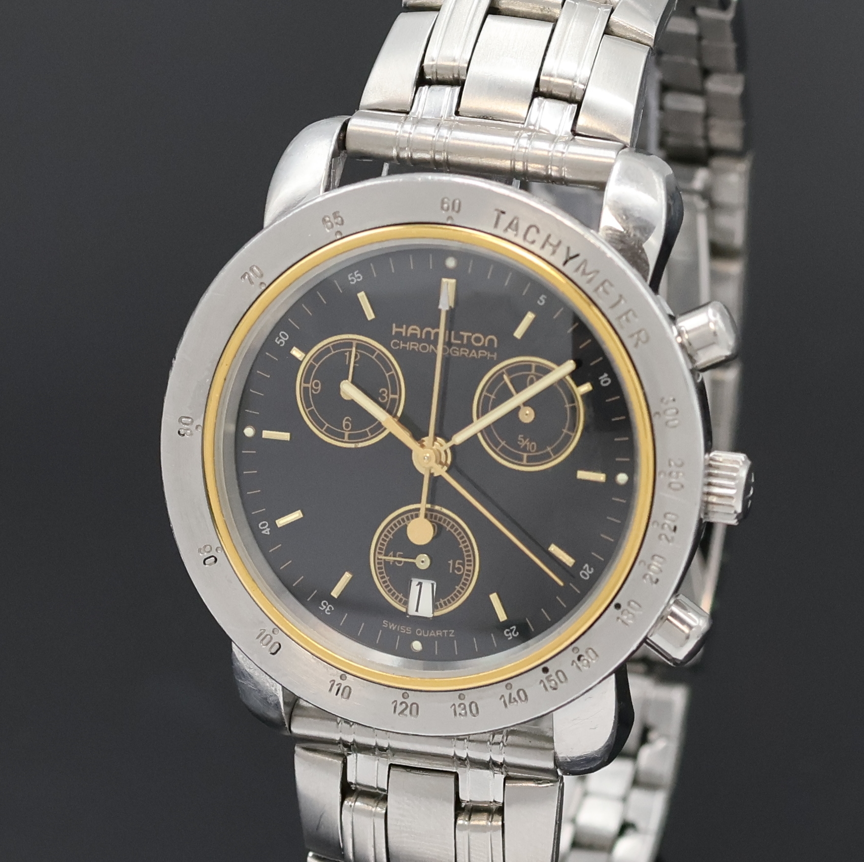 Detail a: HAMILTON Herrenchronograph Referenz 8800 in Stahl, Schweiz um 2000, quarz, 3-tlg. Geh., Boden aufgedr., Stahl Tachymeter-Lünette, neutrales ...