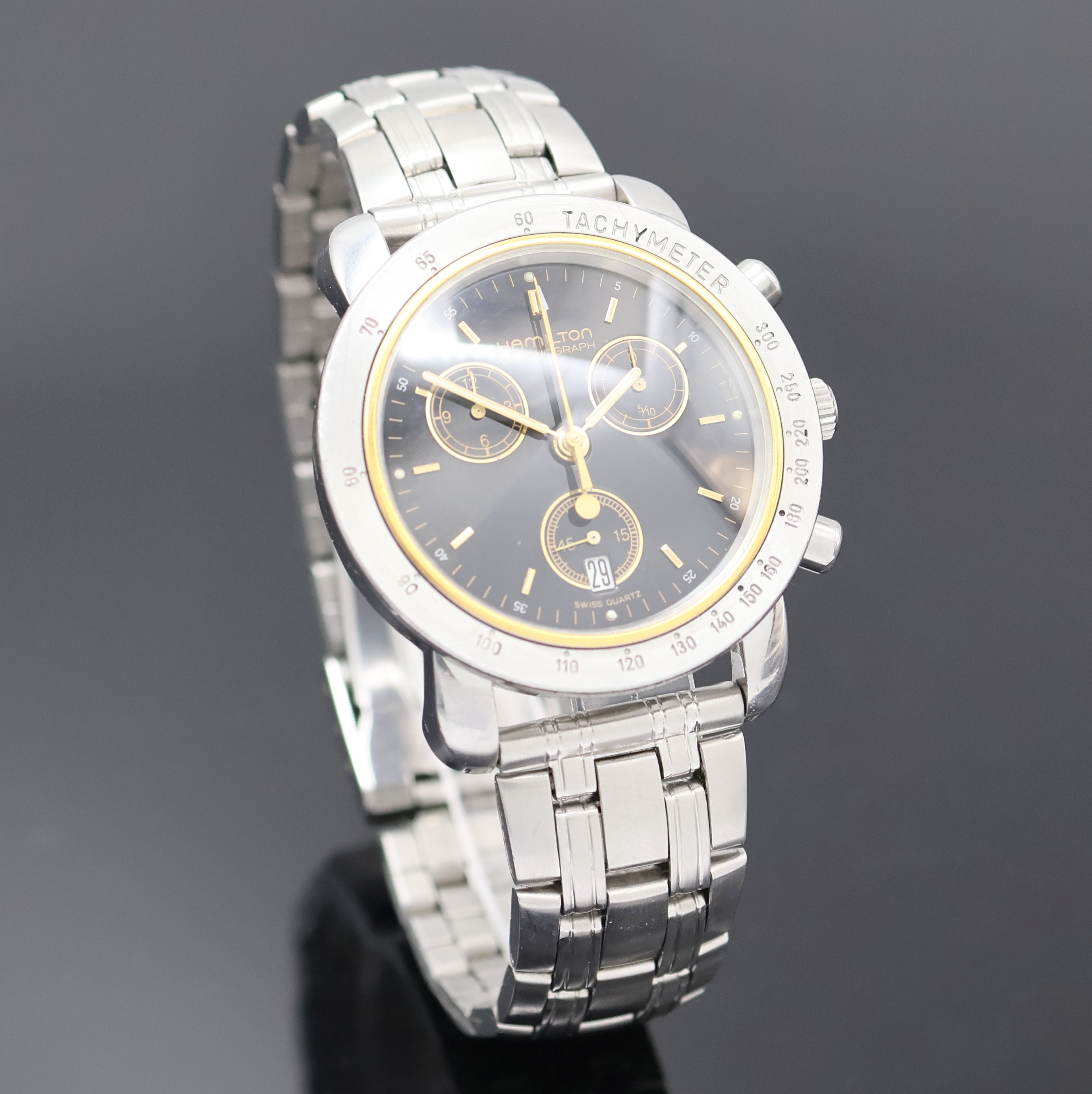 Detail b: HAMILTON Herrenchronograph Referenz 8800 in Stahl, Schweiz um 2000, quarz, 3-tlg. Geh., Boden aufgedr., Stahl Tachymeter-Lünette, neutrales ...