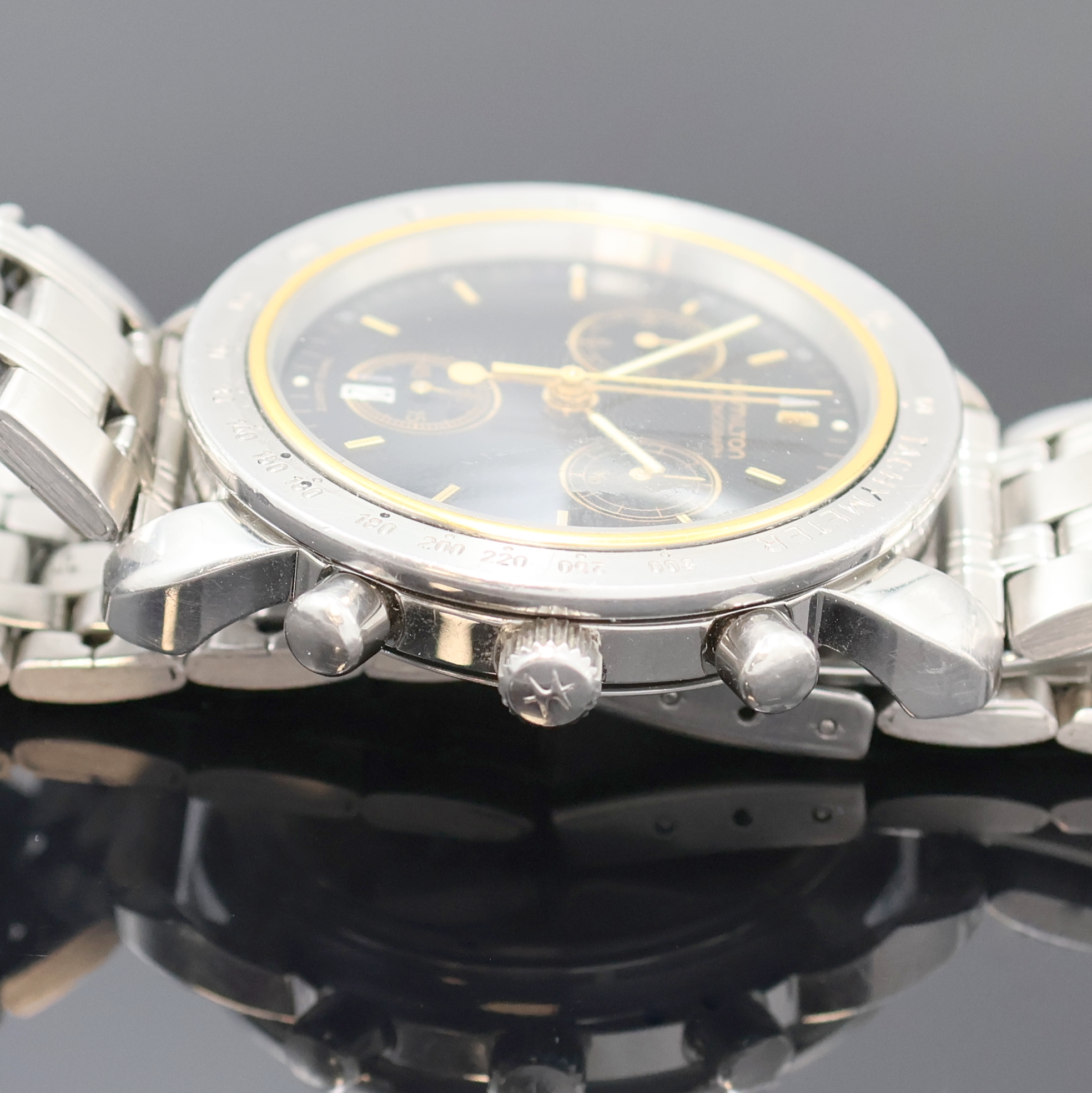 Detail c: HAMILTON Herrenchronograph Referenz 8800 in Stahl, Schweiz um 2000, quarz, 3-tlg. Geh., Boden aufgedr., Stahl Tachymeter-Lünette, neutrales ...