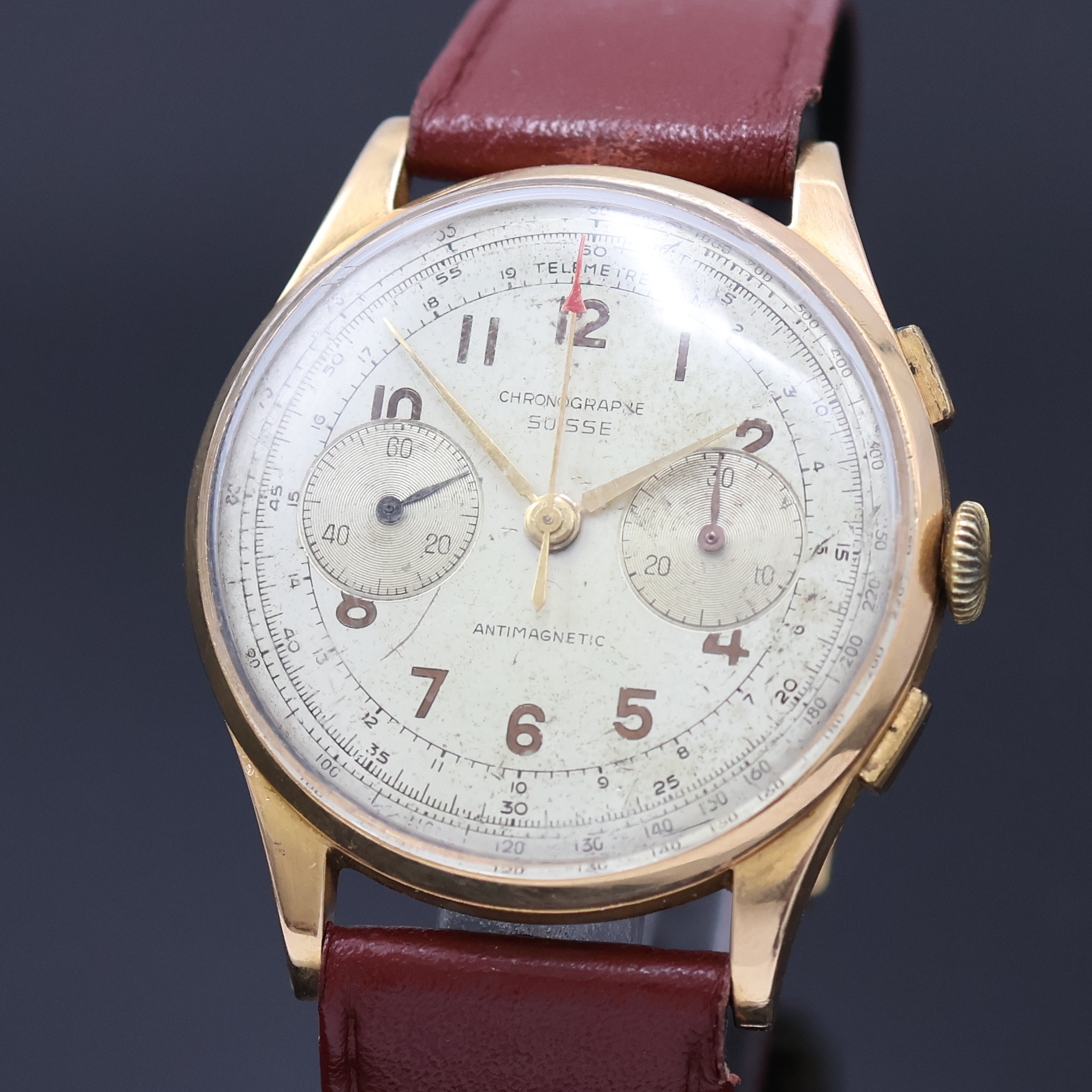 Detail a: CHRONOGRAPHE SUISSE Armbandchronograph in RG 750/000, Schweiz um 1950, Handaufzug, 3-tlg. Geh. dell., Boden u. Glasrand aufgedr., Metall Innengeh., ...
