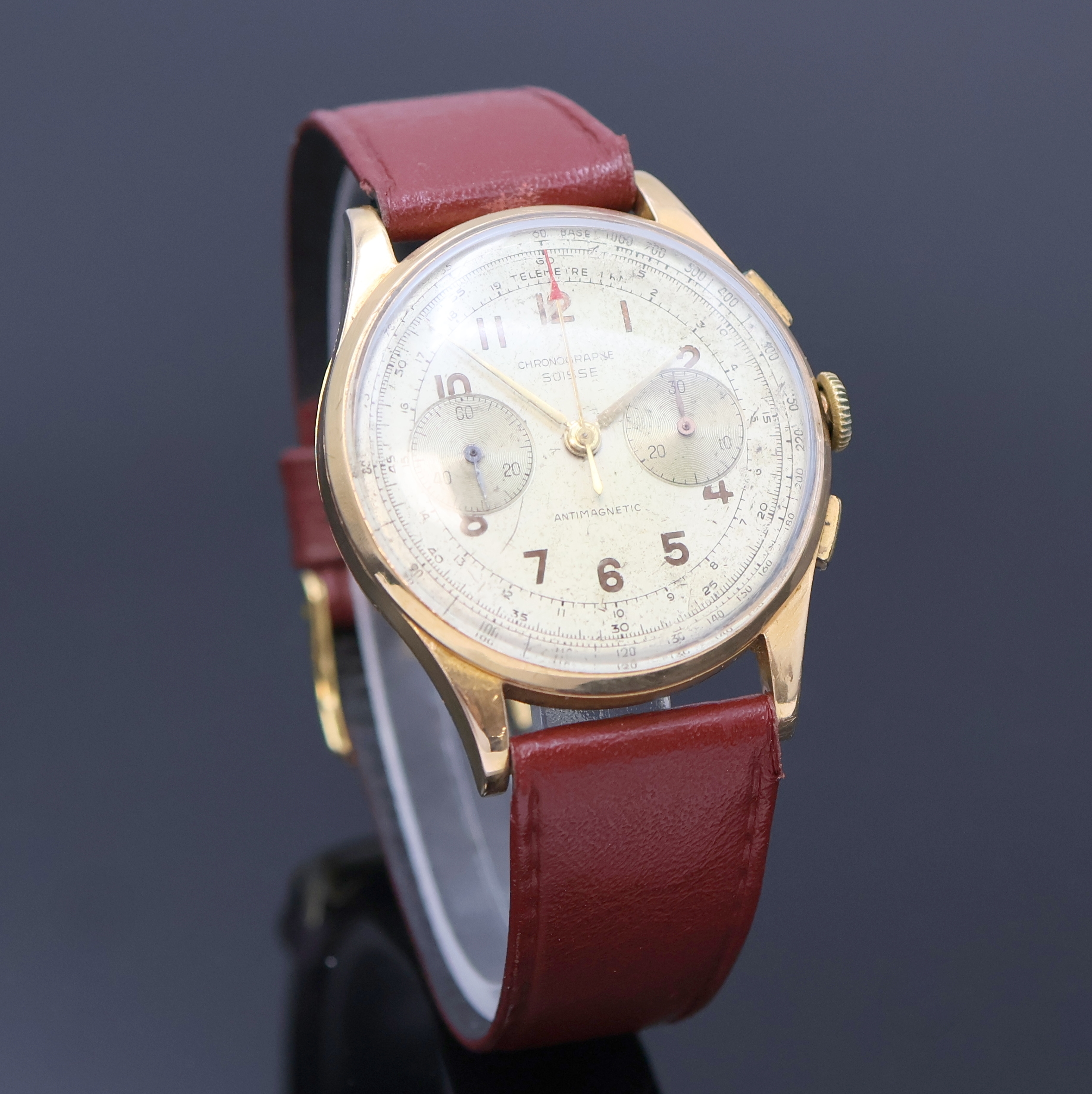 Detail b: CHRONOGRAPHE SUISSE Armbandchronograph in RG 750/000, Schweiz um 1950, Handaufzug, 3-tlg. Geh. dell., Boden u. Glasrand aufgedr., Metall Innengeh., ...