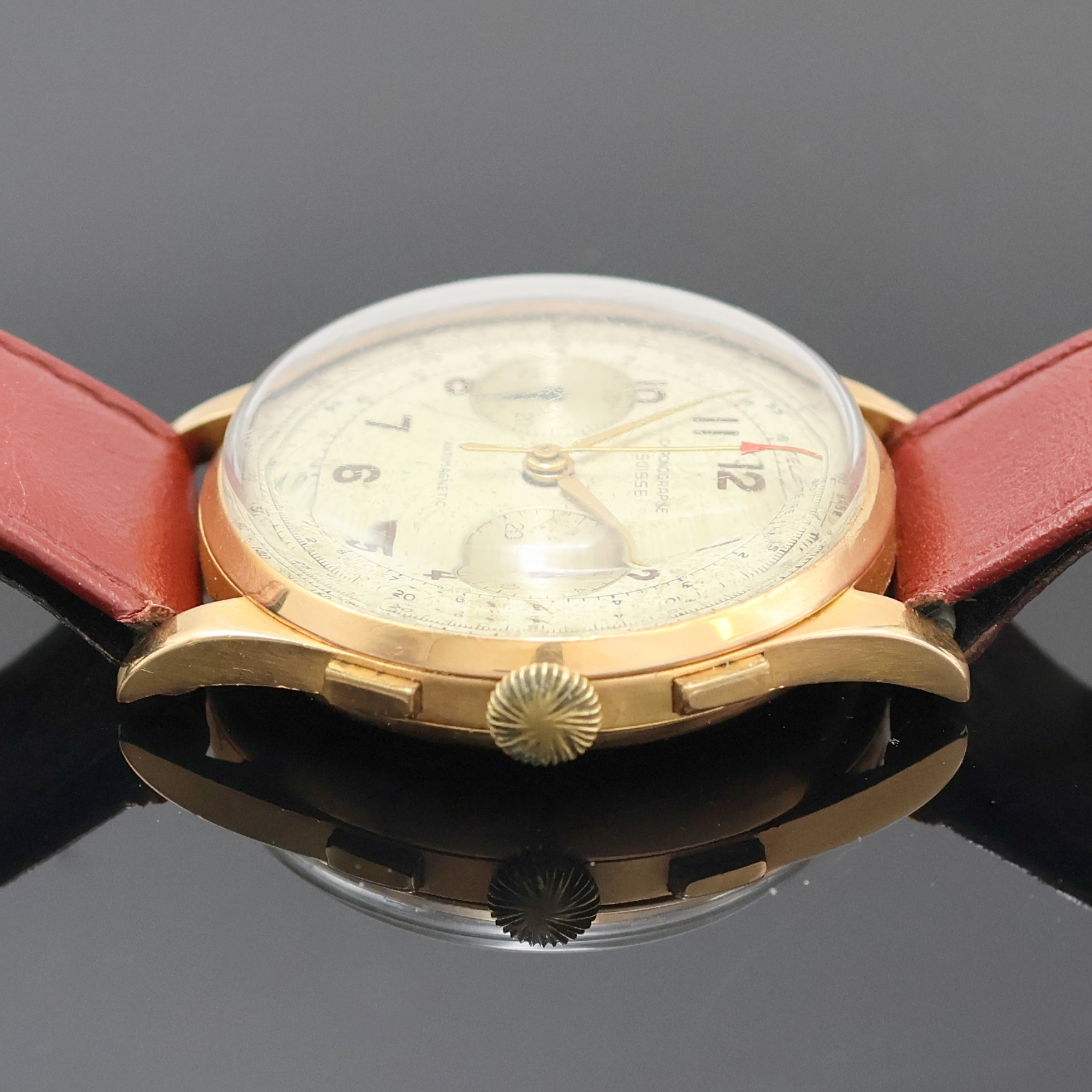 Detail c: CHRONOGRAPHE SUISSE Armbandchronograph in RG 750/000, Schweiz um 1950, Handaufzug, 3-tlg. Geh. dell., Boden u. Glasrand aufgedr., Metall Innengeh., ...
