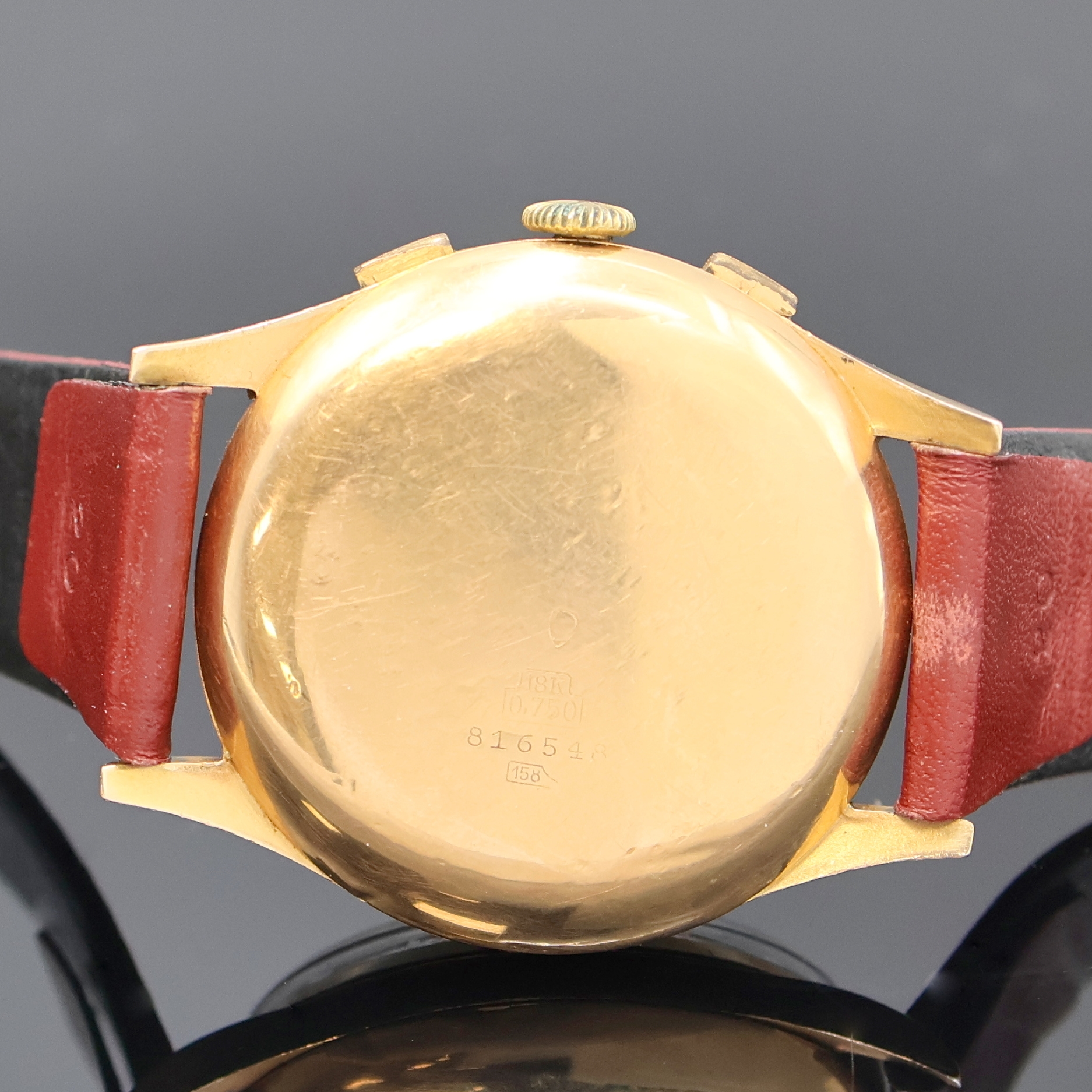 Detail d: CHRONOGRAPHE SUISSE Armbandchronograph in RG 750/000, Schweiz um 1950, Handaufzug, 3-tlg. Geh. dell., Boden u. Glasrand aufgedr., Metall Innengeh., ...