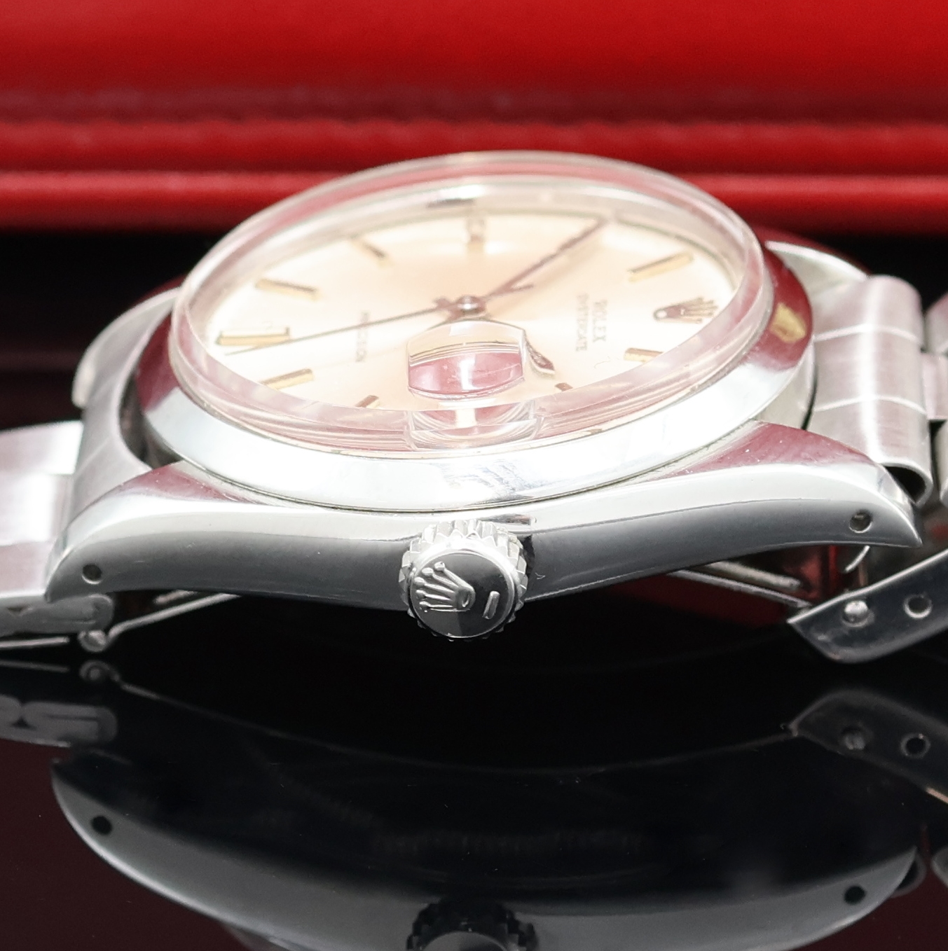 Detail d: ROLEX Oysterdate Precision Referenz 6694 in Stahl/Stahlband, Schweiz um 1974, Handaufzug, verschr. Oystergeh., Oyster- Faltband Ref. 7835 19, Anstoß ...