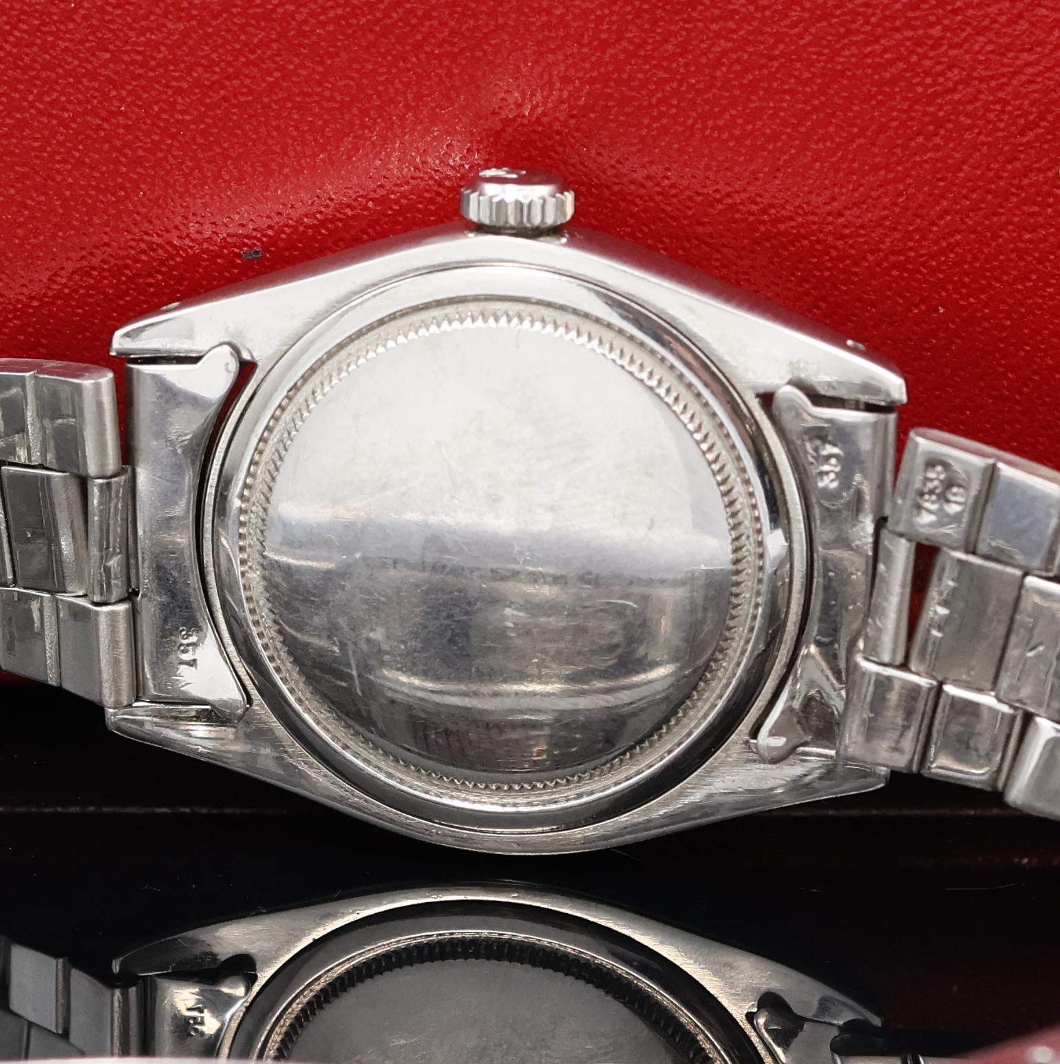 Detail e: ROLEX Oysterdate Precision Referenz 6694 in Stahl/Stahlband, Schweiz um 1974, Handaufzug, verschr. Oystergeh., Oyster- Faltband Ref. 7835 19, Anstoß ...