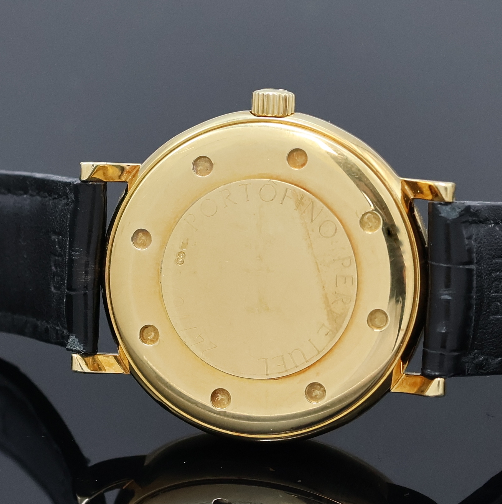 Detail e: IWC Portofino Armbanduhr mit ewigem Kalender in GG 750/000 Referenz 3541, Schweiz um 1990, Automatik, 2-tlg. Geh., Boden verschr., orig. Krone sowie ...