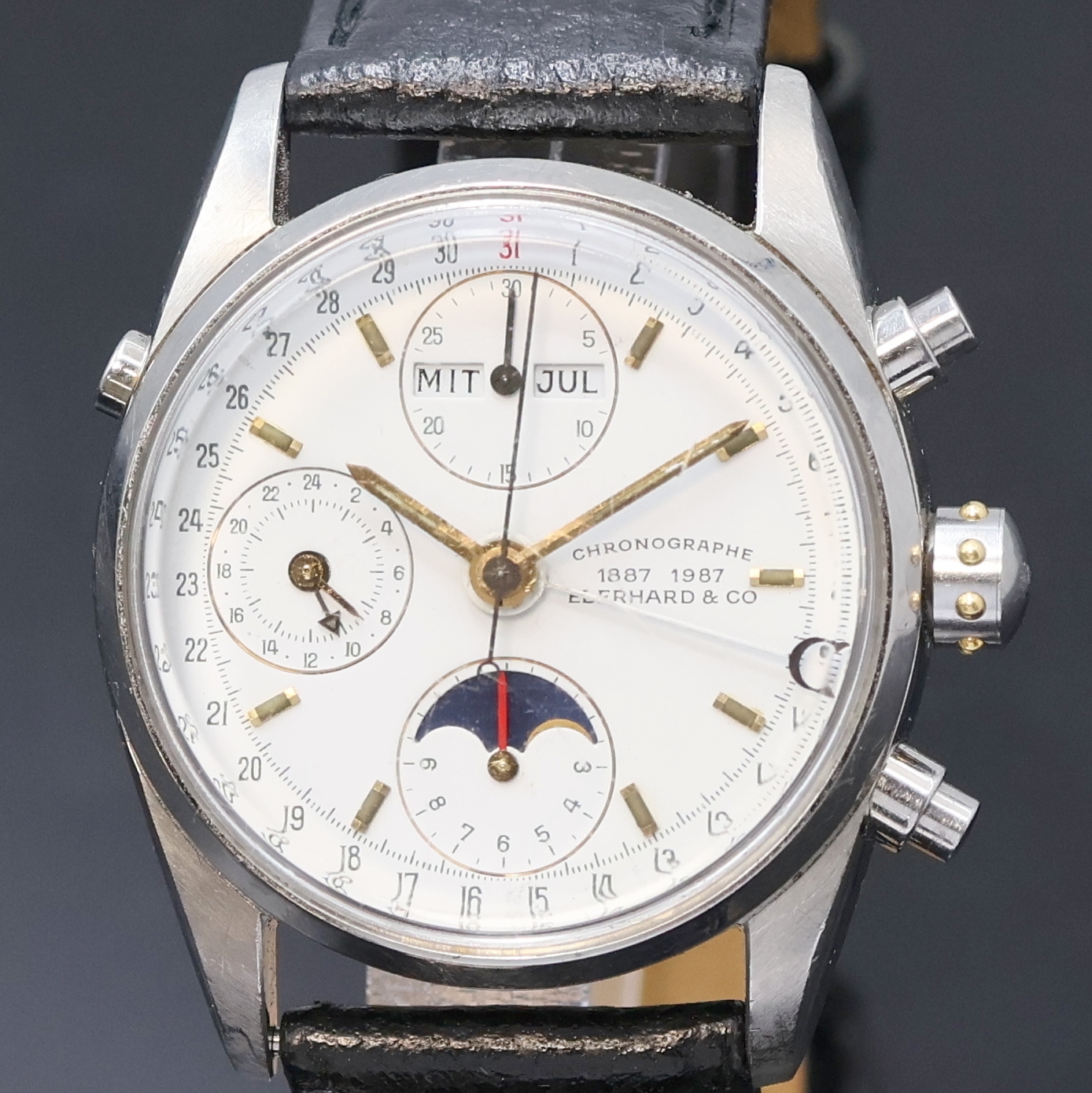 Detail a: EBERHARD & Co Navy Master Armbandchronograph mit Mondphase und Vollkalender in Stahl, Schweiz um 1995, Automatik, 2-tlg. Geh., Boden u. Krone ...