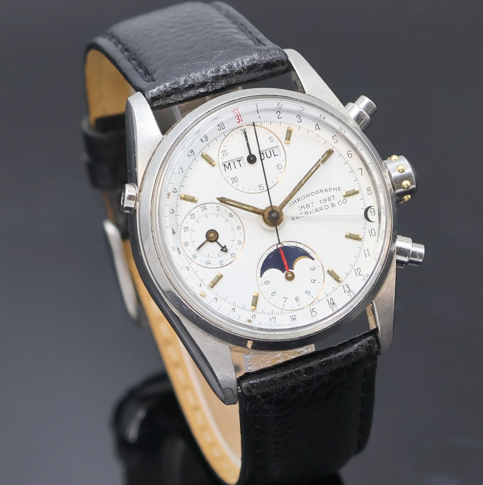 Detail b: EBERHARD & Co Navy Master Armbandchronograph mit Mondphase und Vollkalender in Stahl, Schweiz um 1995, Automatik, 2-tlg. Geh., Boden u. Krone ...
