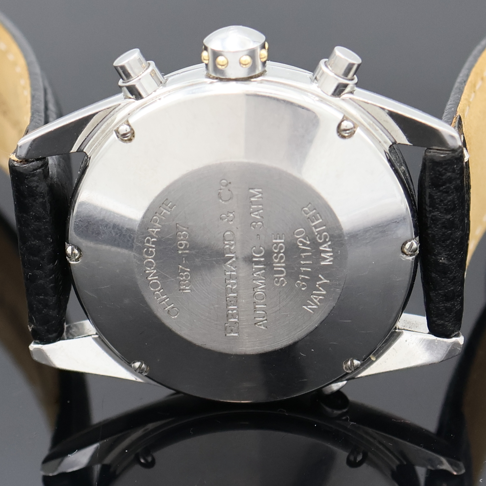 Detail e: EBERHARD & Co Navy Master Armbandchronograph mit Mondphase und Vollkalender in Stahl, Schweiz um 1995, Automatik, 2-tlg. Geh., Boden u. Krone ...