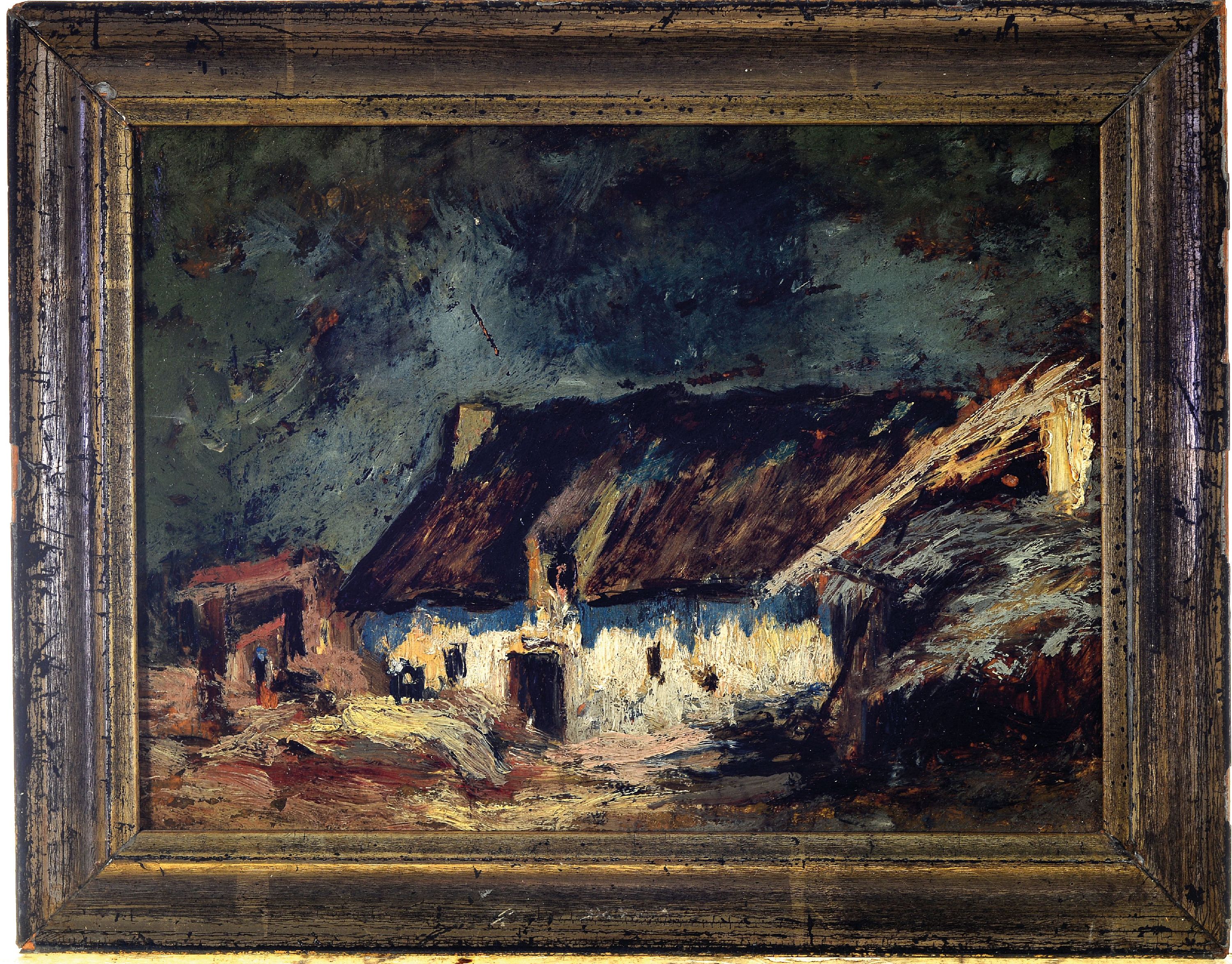 Detail k: Zuschreibung: Jules Dupre, 1811 Nantes-1889 L'Isle-Adam, Dorflandschaft, Bauernhaus vor dunklem Himmel, unsigniert, Öl/Holzplatte, 12,5x17 cm, ...