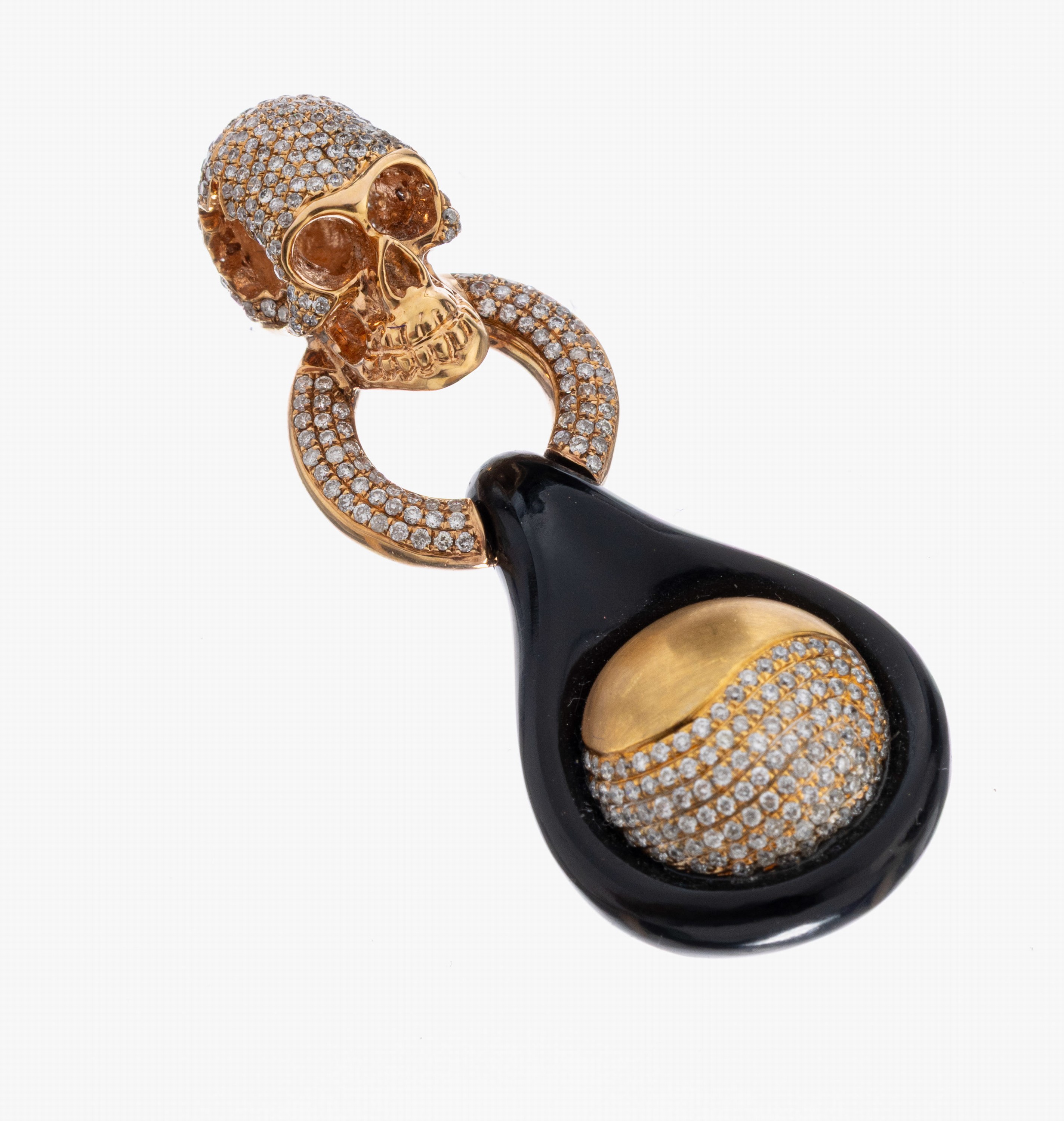 Image 27023157 - Ausgefallener 18 kt Gold Brillant-Onyx -Anhänger, RoseG 750/000, Totenkopf mit ...
