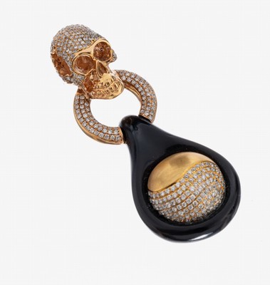 Image Ausgefallener 18 kt Gold Brillant-Onyx -Anhänger, RoseG 750/000, Totenkopf mit ...