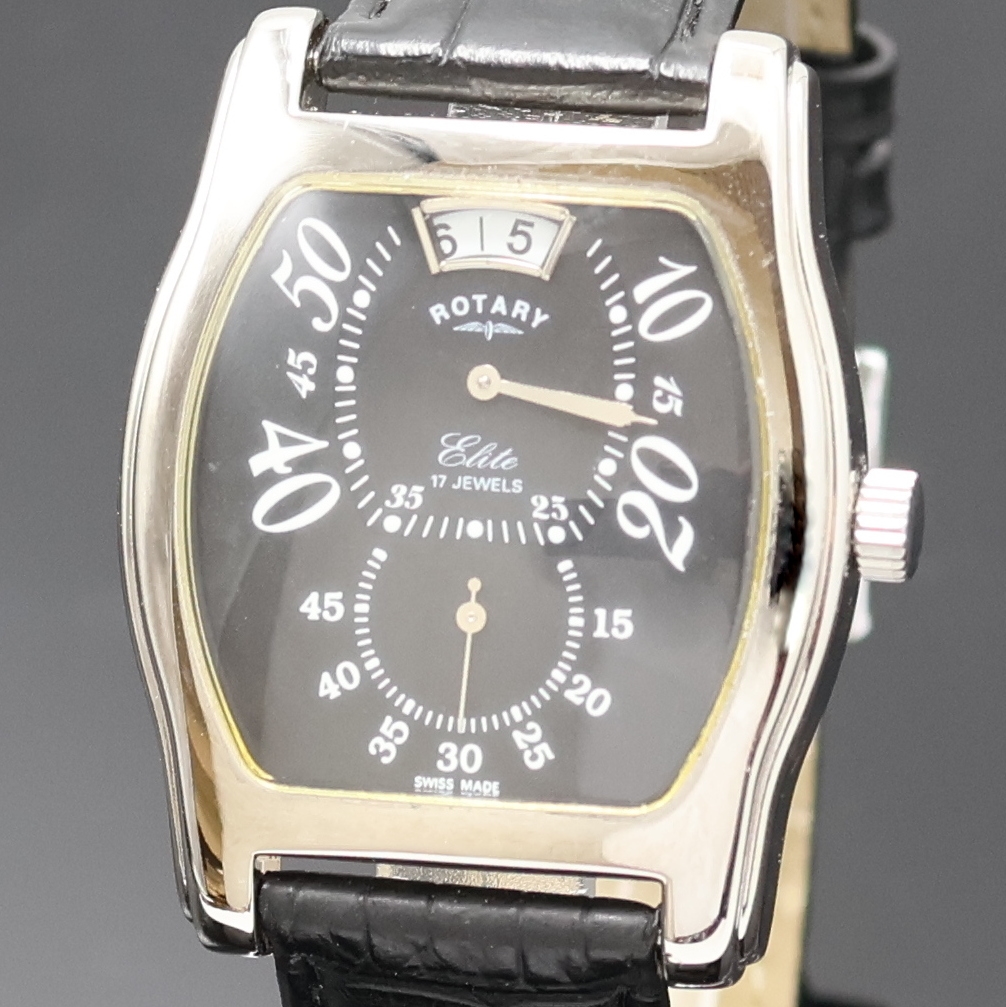 Detail a: ROTARY Elite Armbanduhr mit springender Stunde in Stahl Referenz 10689, Schweiz um 1995, Handaufzug, beids. vergl. Geh., Boden aufgedr., orig. ...