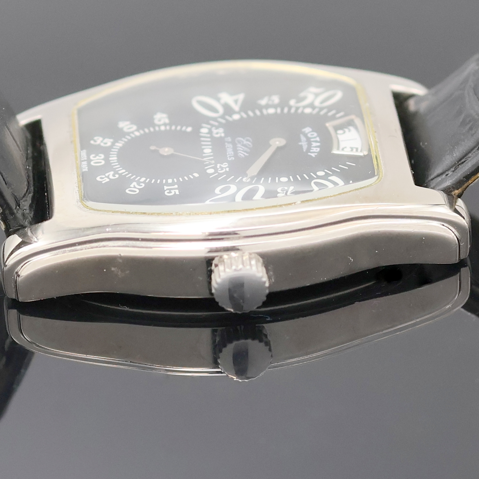 Detail d: ROTARY Elite Armbanduhr mit springender Stunde in Stahl Referenz 10689, Schweiz um 1995, Handaufzug, beids. vergl. Geh., Boden aufgedr., orig. ...