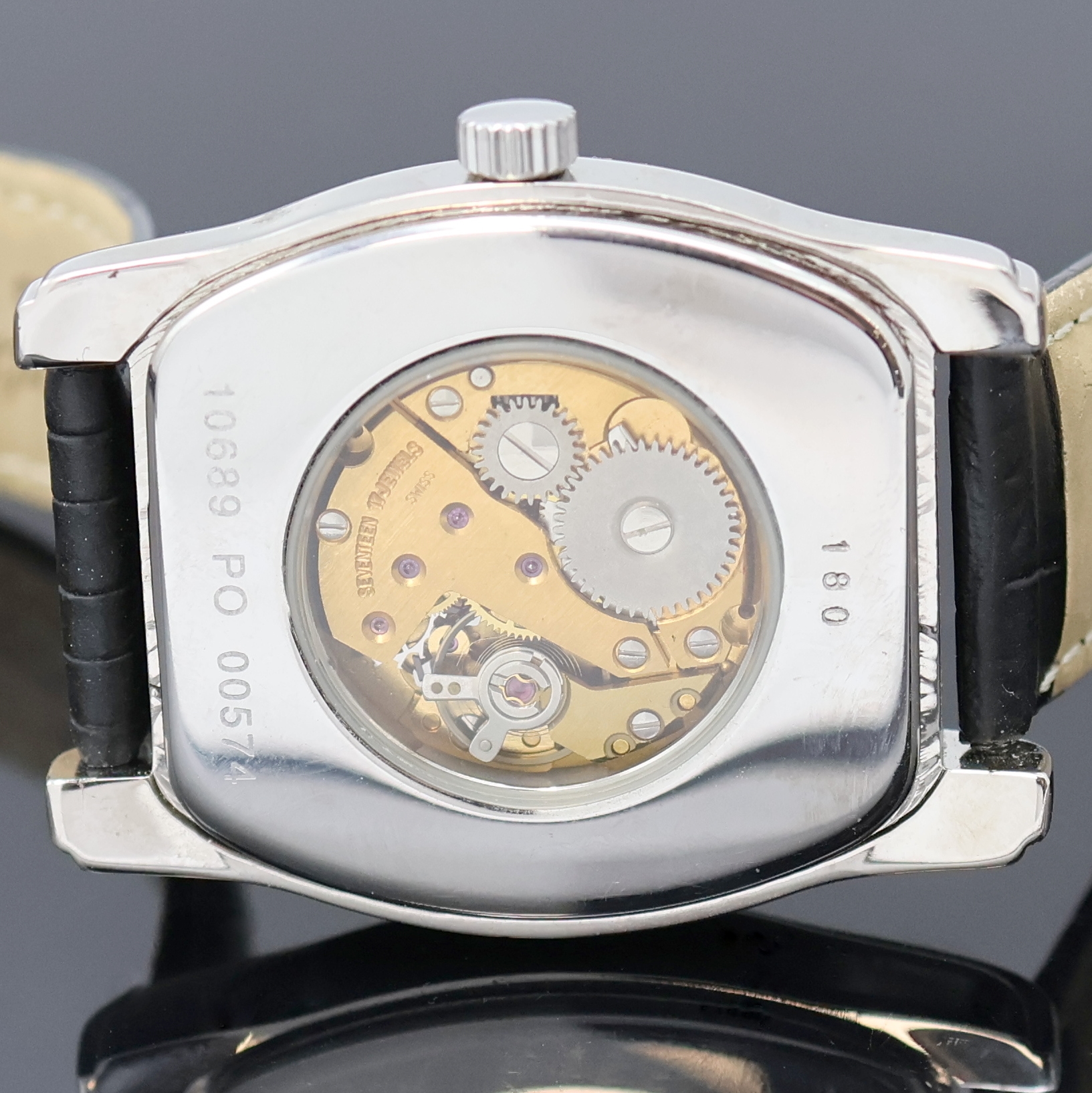 Detail e: ROTARY Elite Armbanduhr mit springender Stunde in Stahl Referenz 10689, Schweiz um 1995, Handaufzug, beids. vergl. Geh., Boden aufgedr., orig. ...