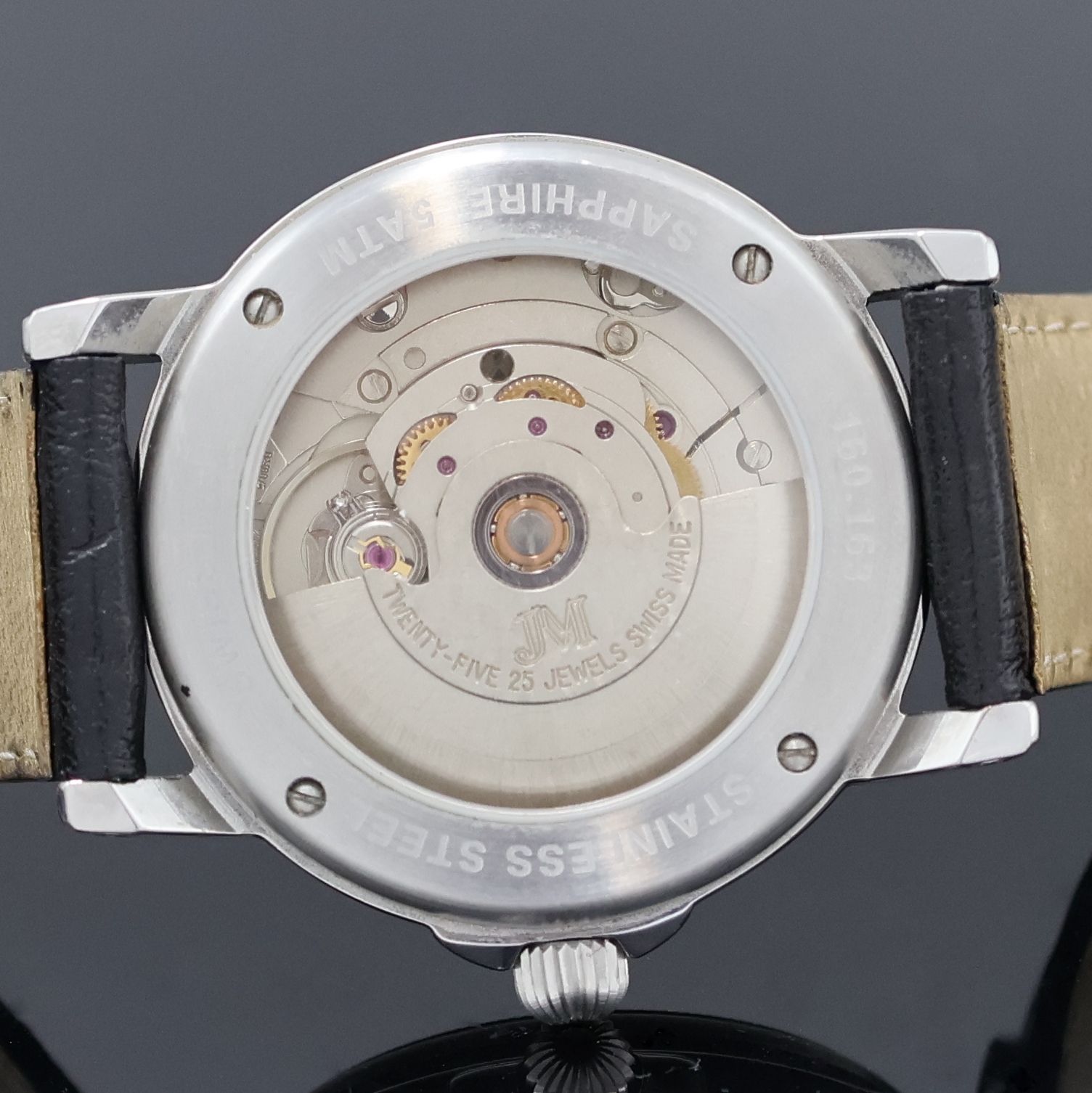 Detail f: JEAN MARCEL Armbanduhr in Stahl, Schweiz um 2000, Automatik, beids. vergl. Geh., Boden 4- fach verschr., Krone verschr., orig. Lederband m. neutr. ...