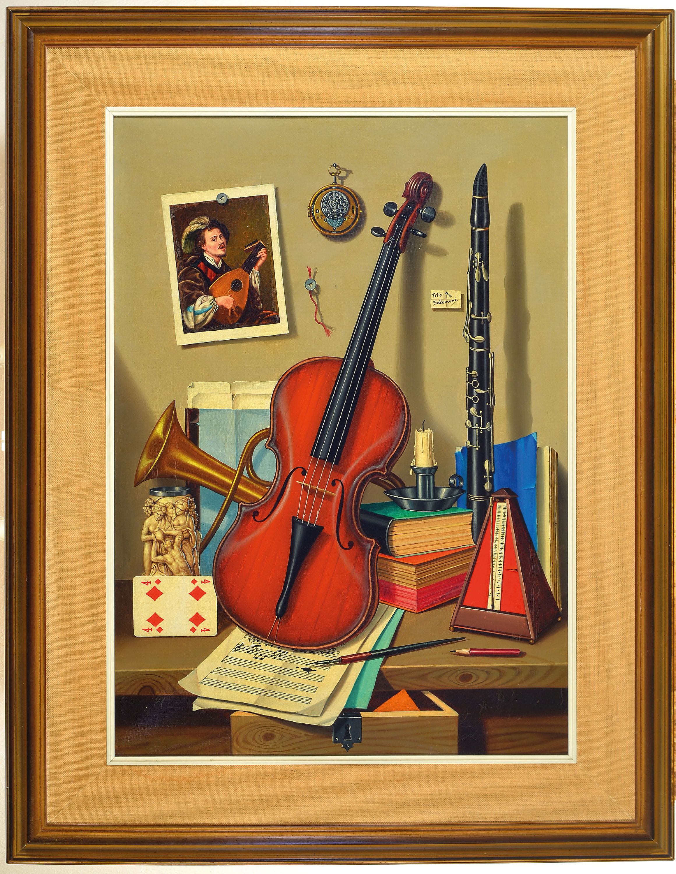 Detail k: Tito Salomoni, italienischer Künstler, 1920-1989, fotorealistisches Stillleben mit Geige, Horn, Klarinette, Metronom, Noten, Spielkarten u.a., ...