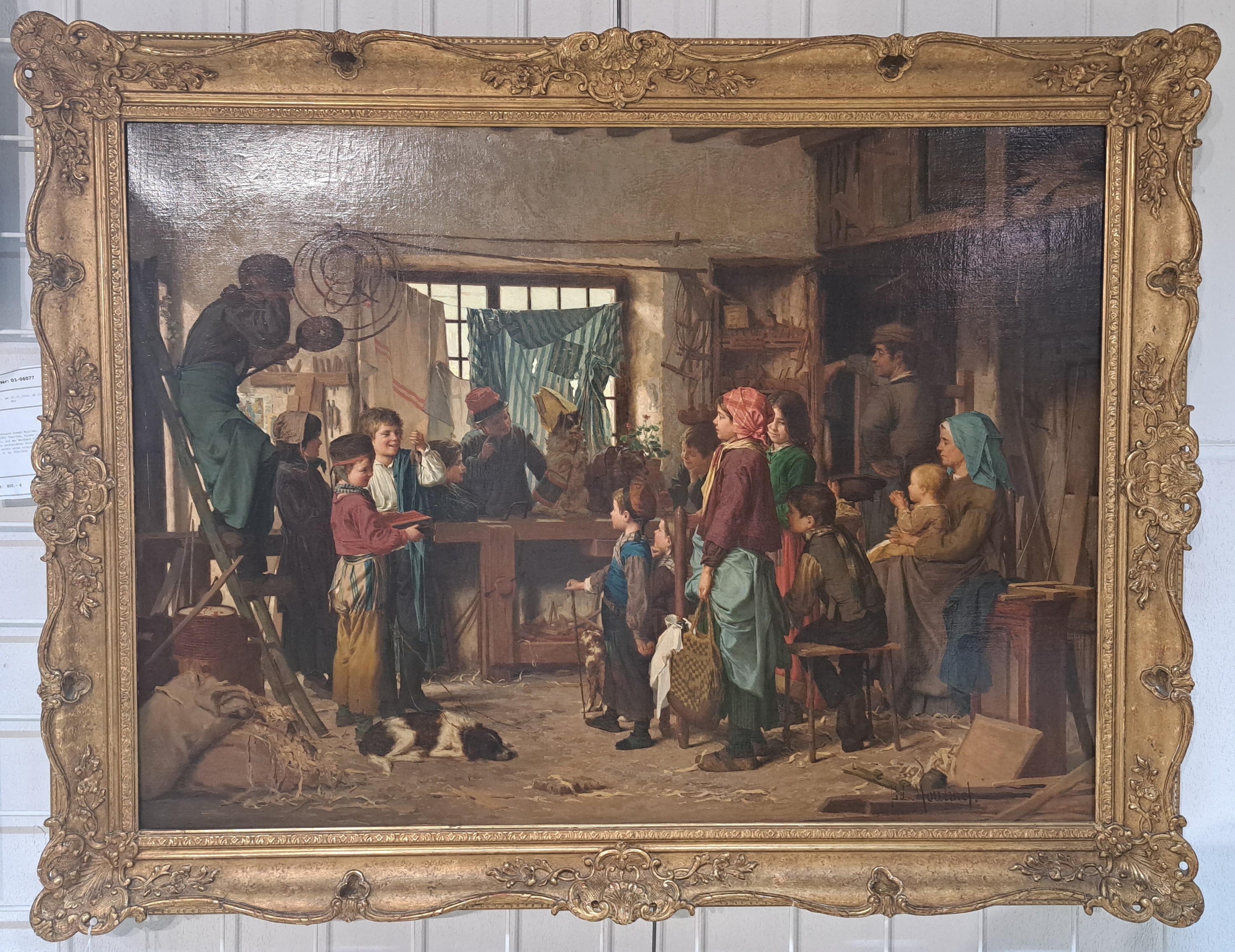 Detail a: Antoine Edouard Joseph Moulinet, 1833 Olouzac-1891 Chartres, Kinder in einer Werkstatt, auf der Werkbank führt ein Junge ein verkleidetes Hündchen ...