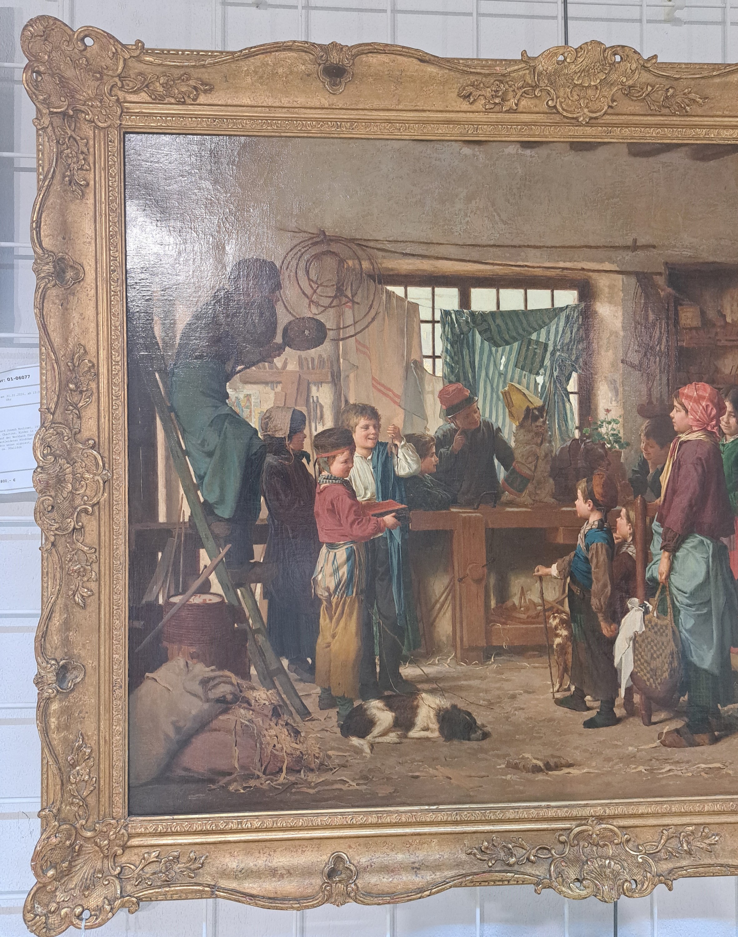Detail b: Antoine Edouard Joseph Moulinet, 1833 Olouzac-1891 Chartres, Kinder in einer Werkstatt, auf der Werkbank führt ein Junge ein verkleidetes Hündchen ...