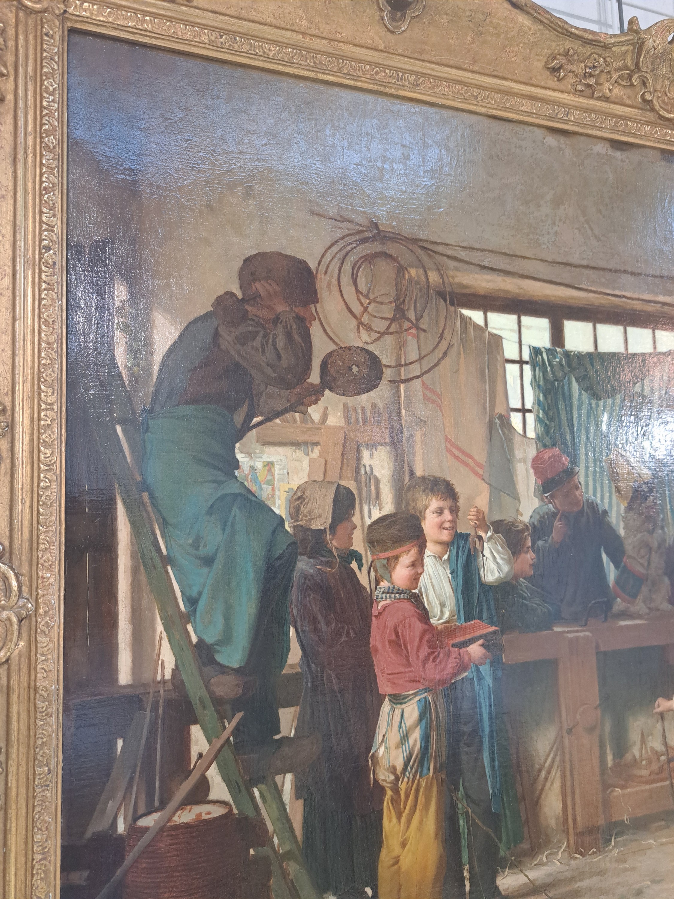 Detail c: Antoine Edouard Joseph Moulinet, 1833 Olouzac-1891 Chartres, Kinder in einer Werkstatt, auf der Werkbank führt ein Junge ein verkleidetes Hündchen ...
