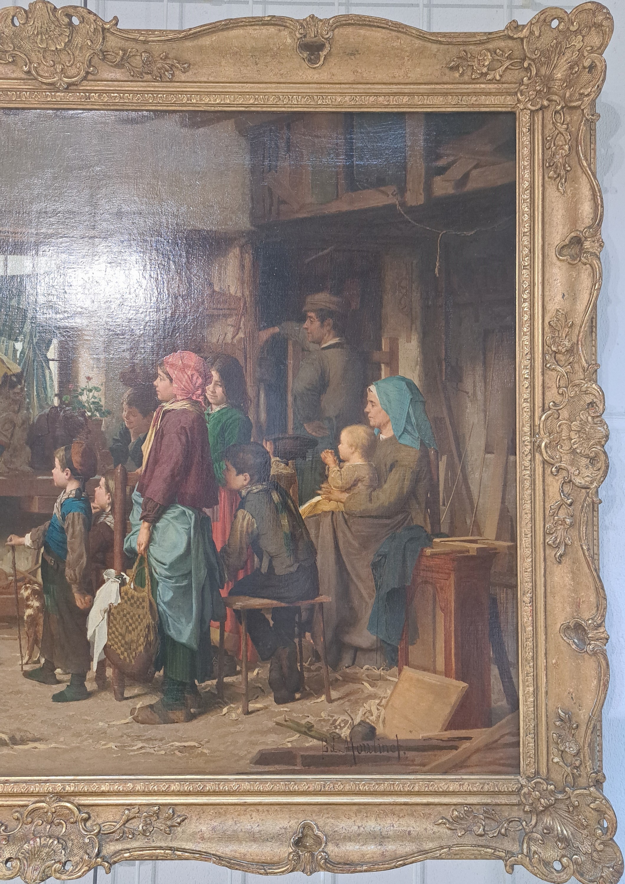 Detail d: Antoine Edouard Joseph Moulinet, 1833 Olouzac-1891 Chartres, Kinder in einer Werkstatt, auf der Werkbank führt ein Junge ein verkleidetes Hündchen ...