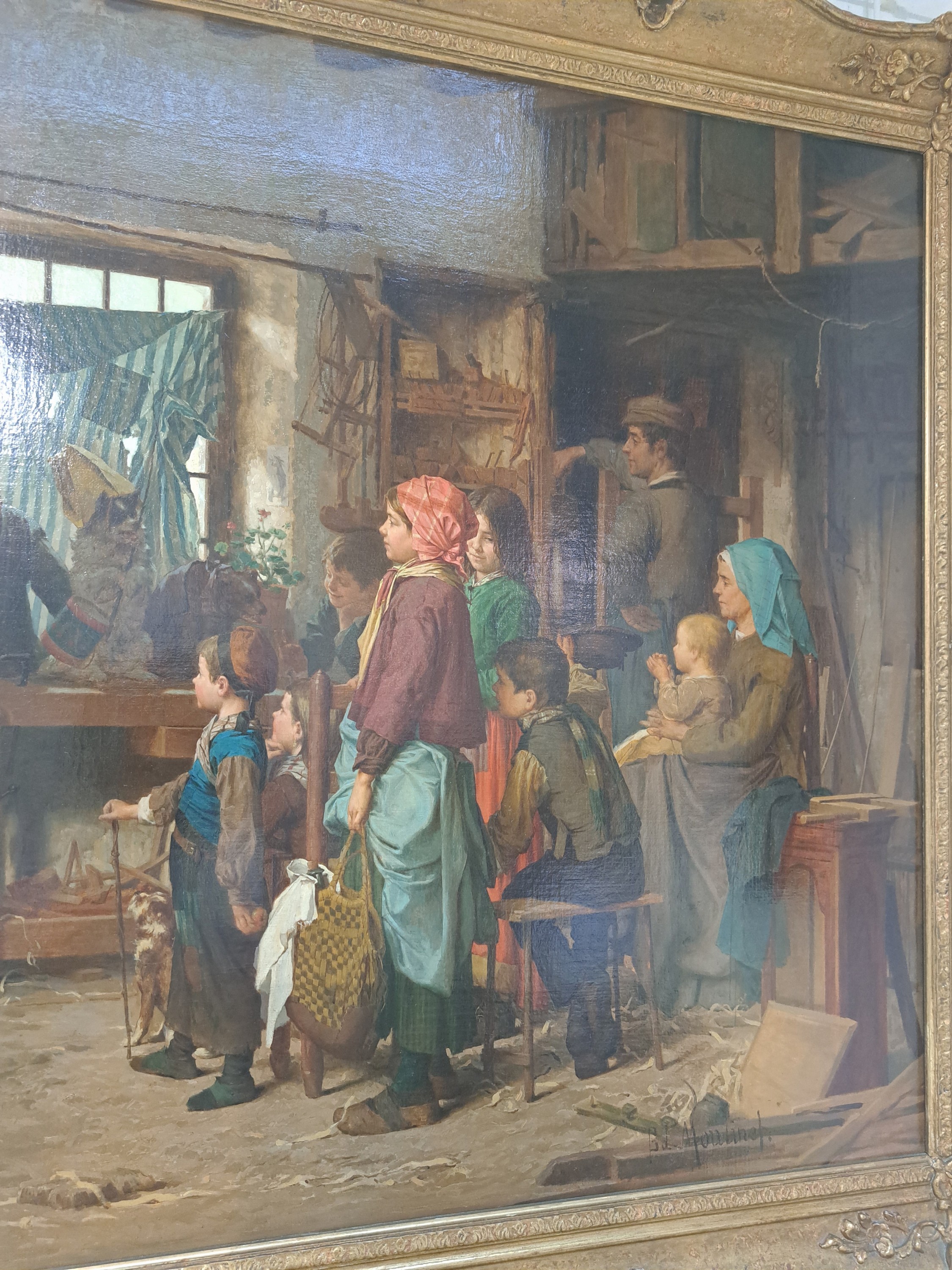 Detail e: Antoine Edouard Joseph Moulinet, 1833 Olouzac-1891 Chartres, Kinder in einer Werkstatt, auf der Werkbank führt ein Junge ein verkleidetes Hündchen ...